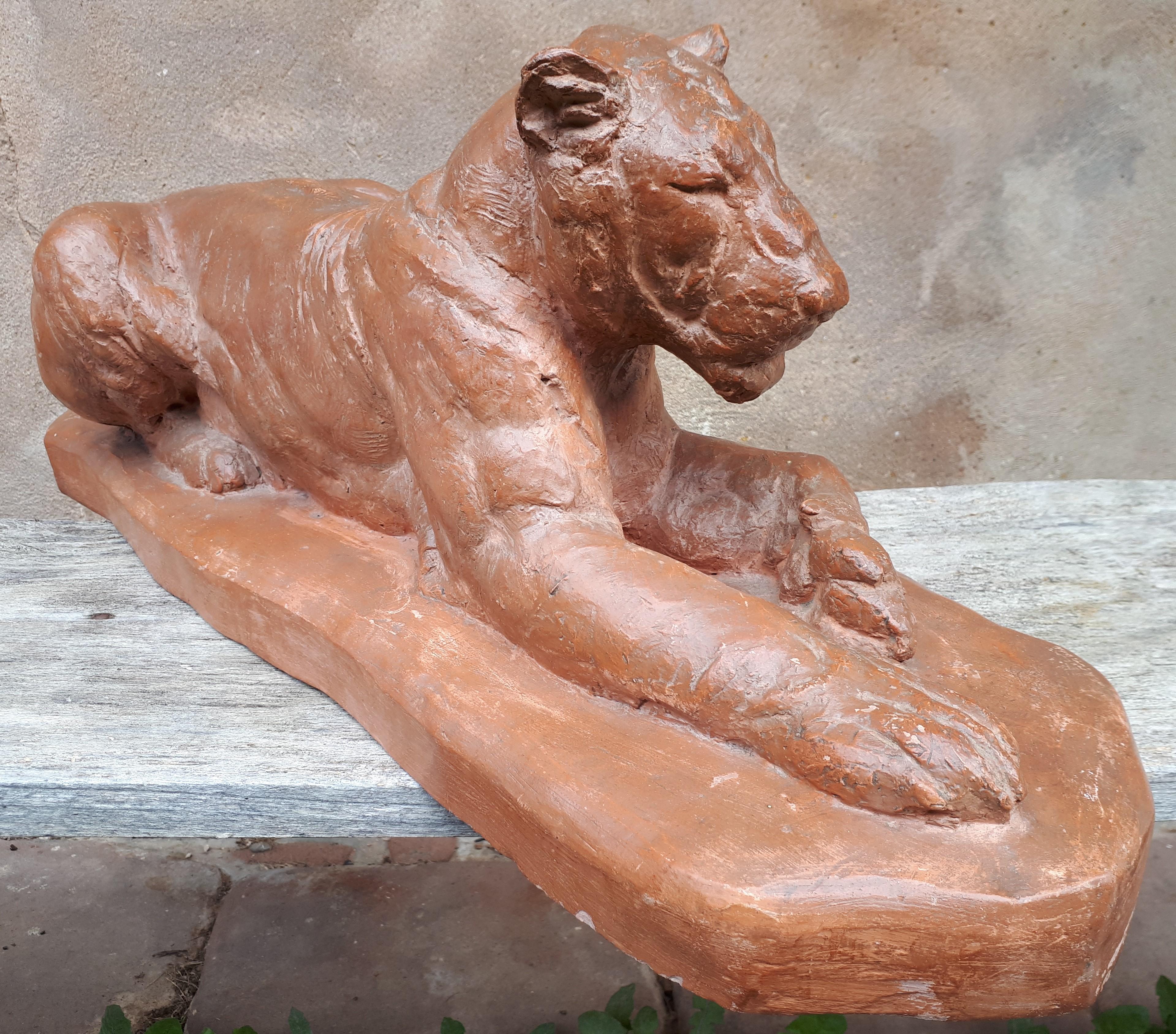 Patinated Sculpture Of A Lying Lioness, By Cocry (édition Martel) For Sale