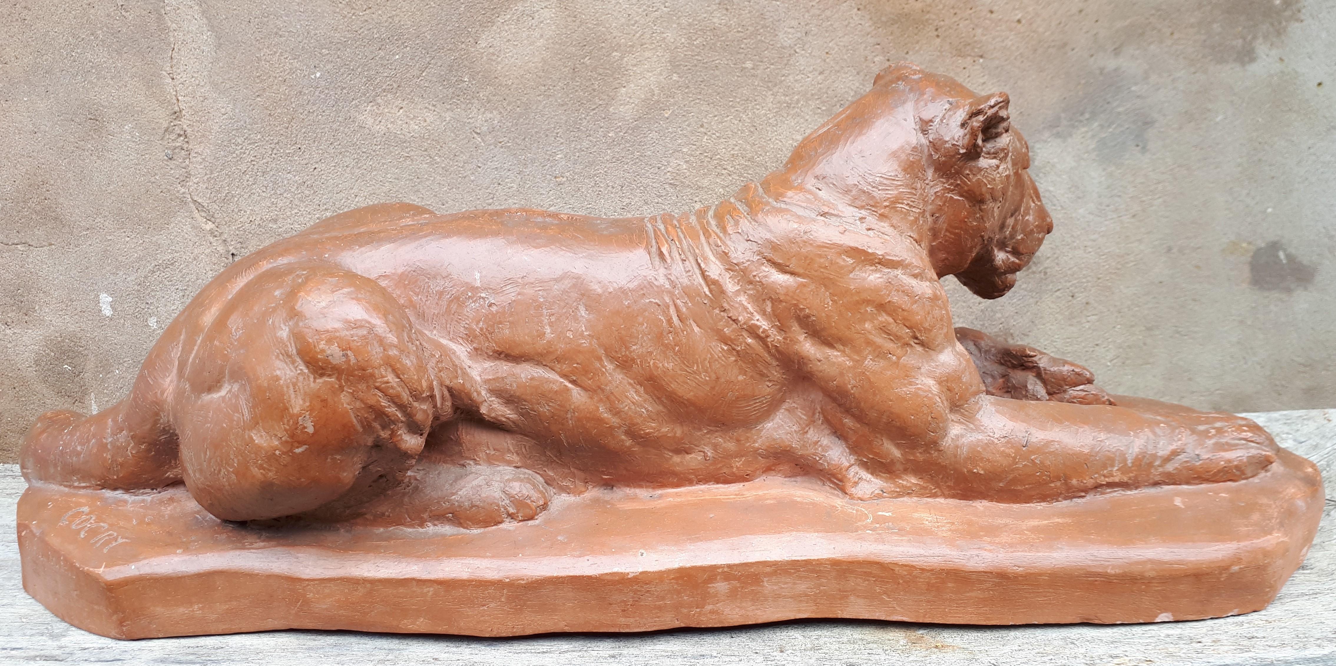Patinated Sculpture Of A Lying Lioness, By Cocry (édition Martel) For Sale