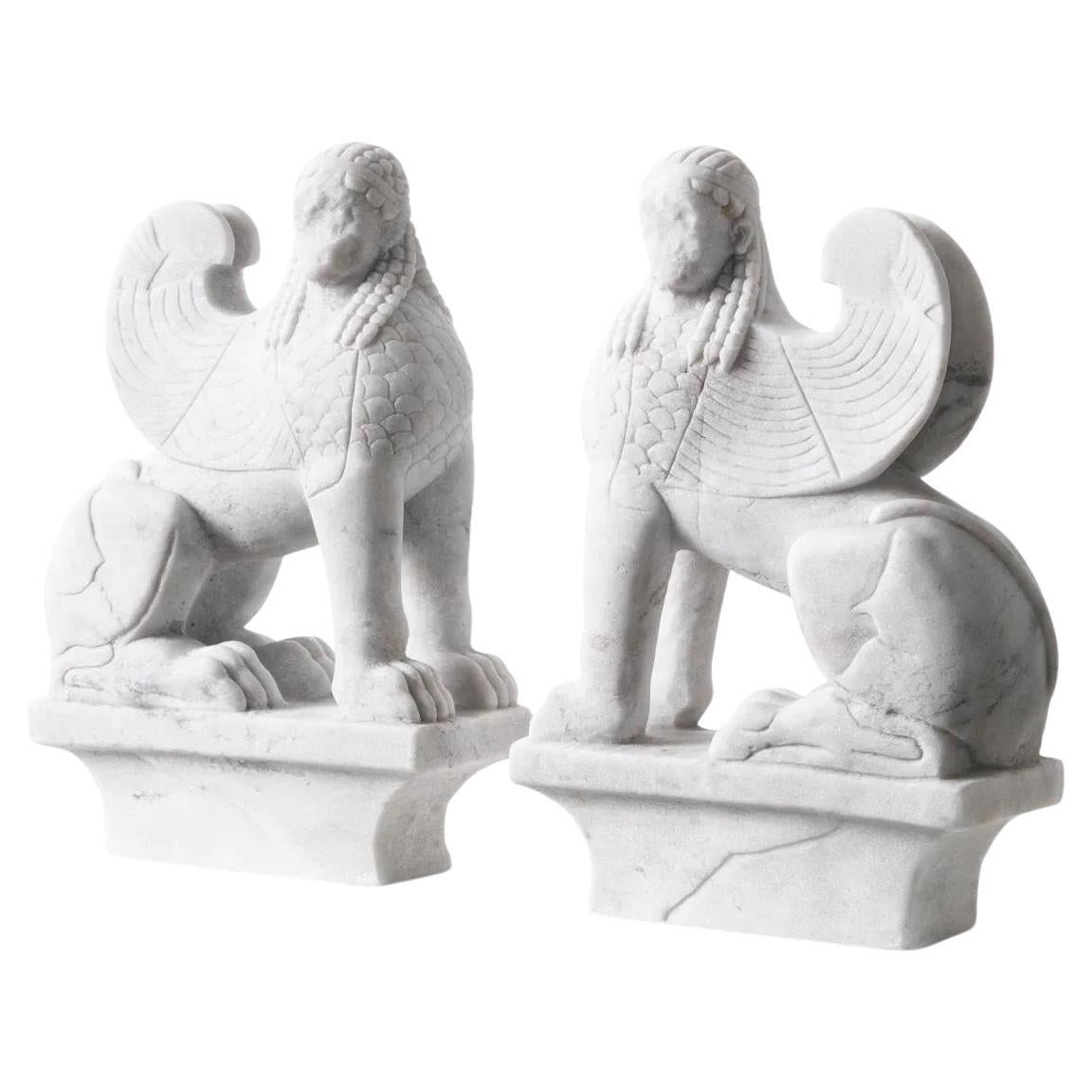 Sculpture of a Pair of Sphinxes in White Marble, Style of Ancient Egypt.