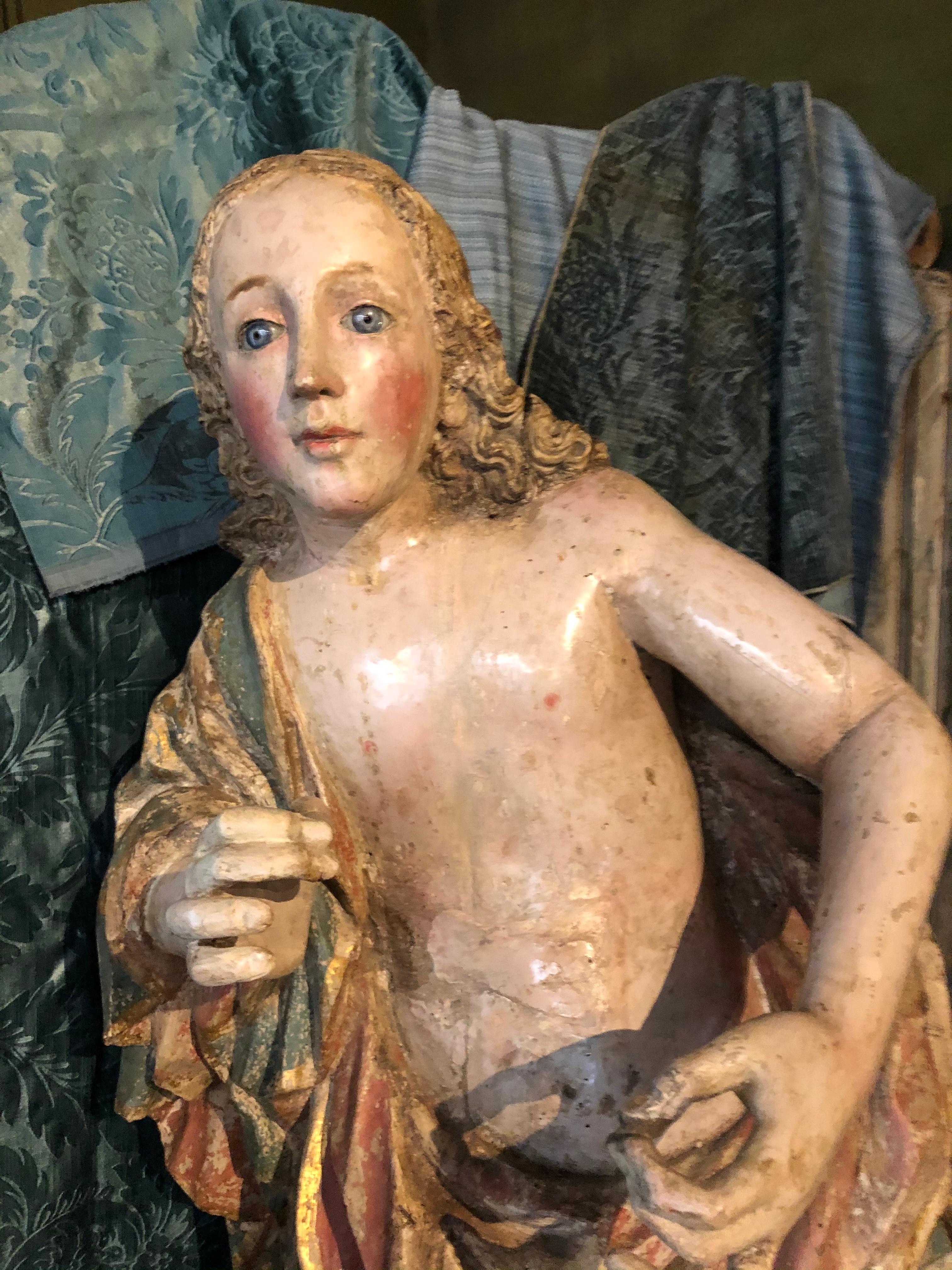 17th Century Sculpture of a Polychrome Carved Wooden Angel For Sale