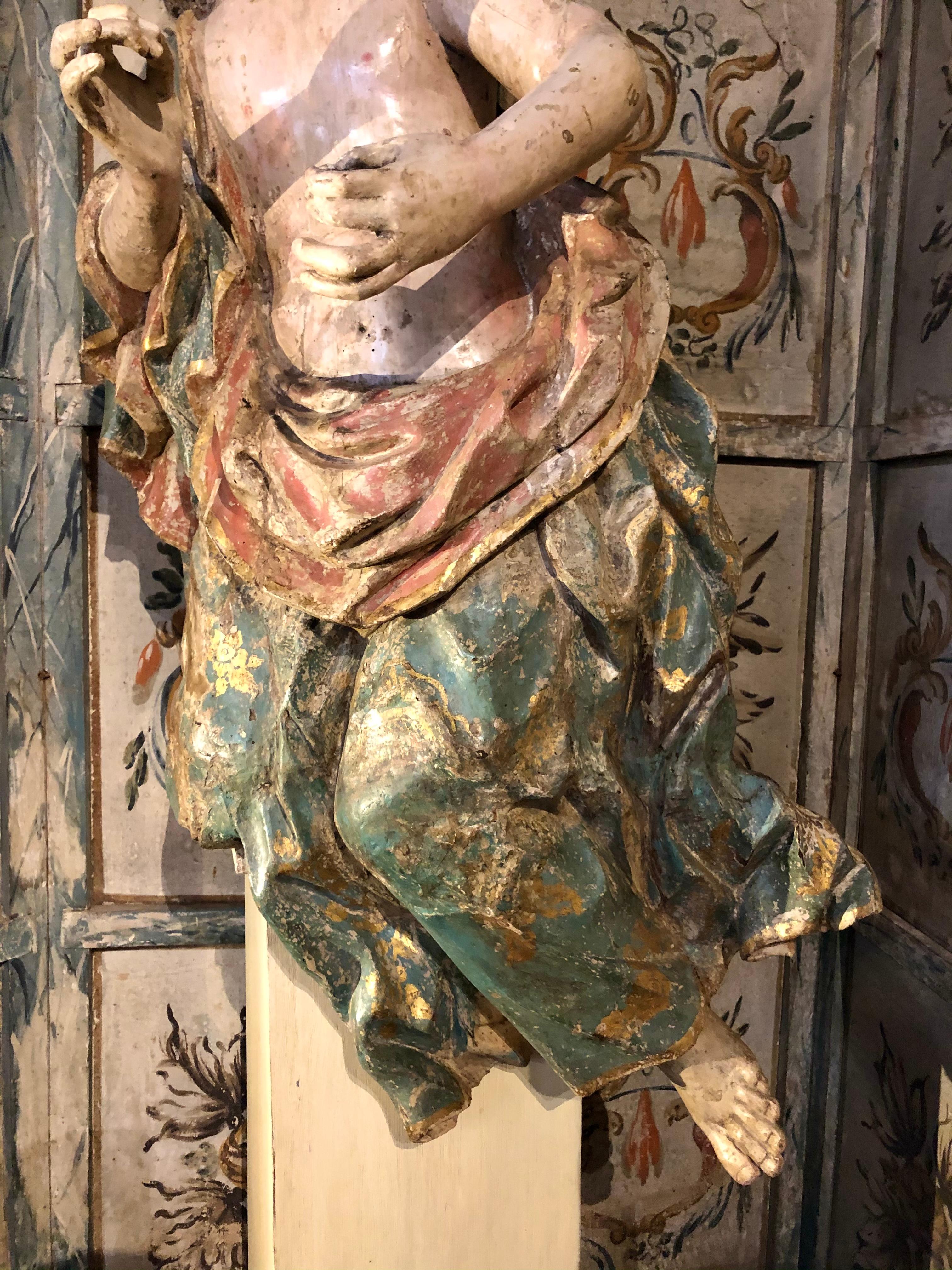 Sculpture of a Polychrome Carved Wooden Angel For Sale 3