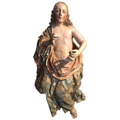 Sculpture of a Polychrome Carved Wooden Angel