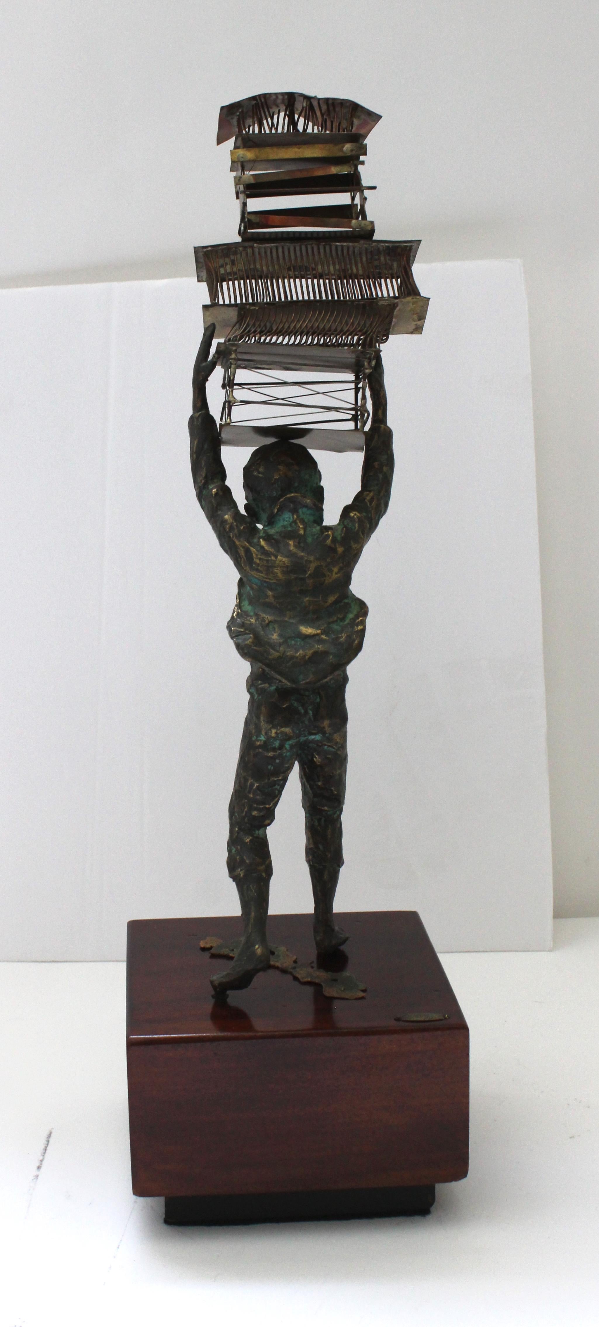 Cast Sculpture of a Young Boy Carrying Birdcages by Curtis Jere For Sale