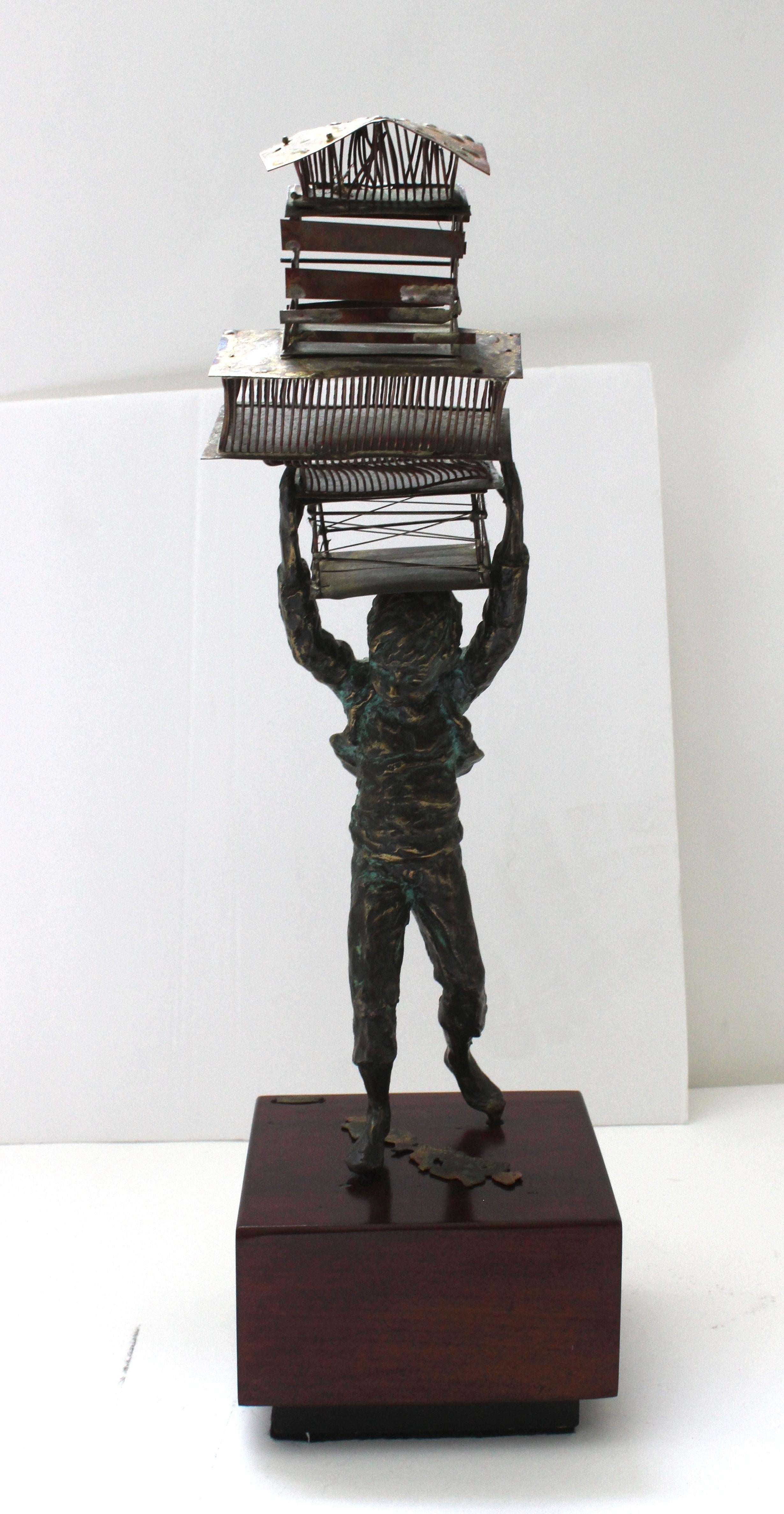 Brass Sculpture of a Young Boy Carrying Birdcages by Curtis Jere For Sale