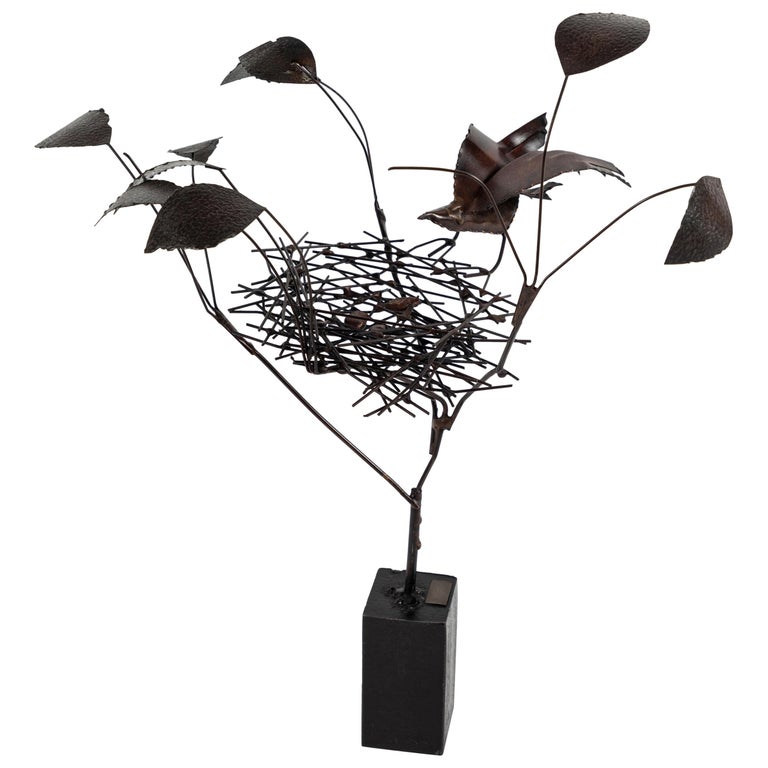 Sculpture of Bird and Nest in Tree For Sale