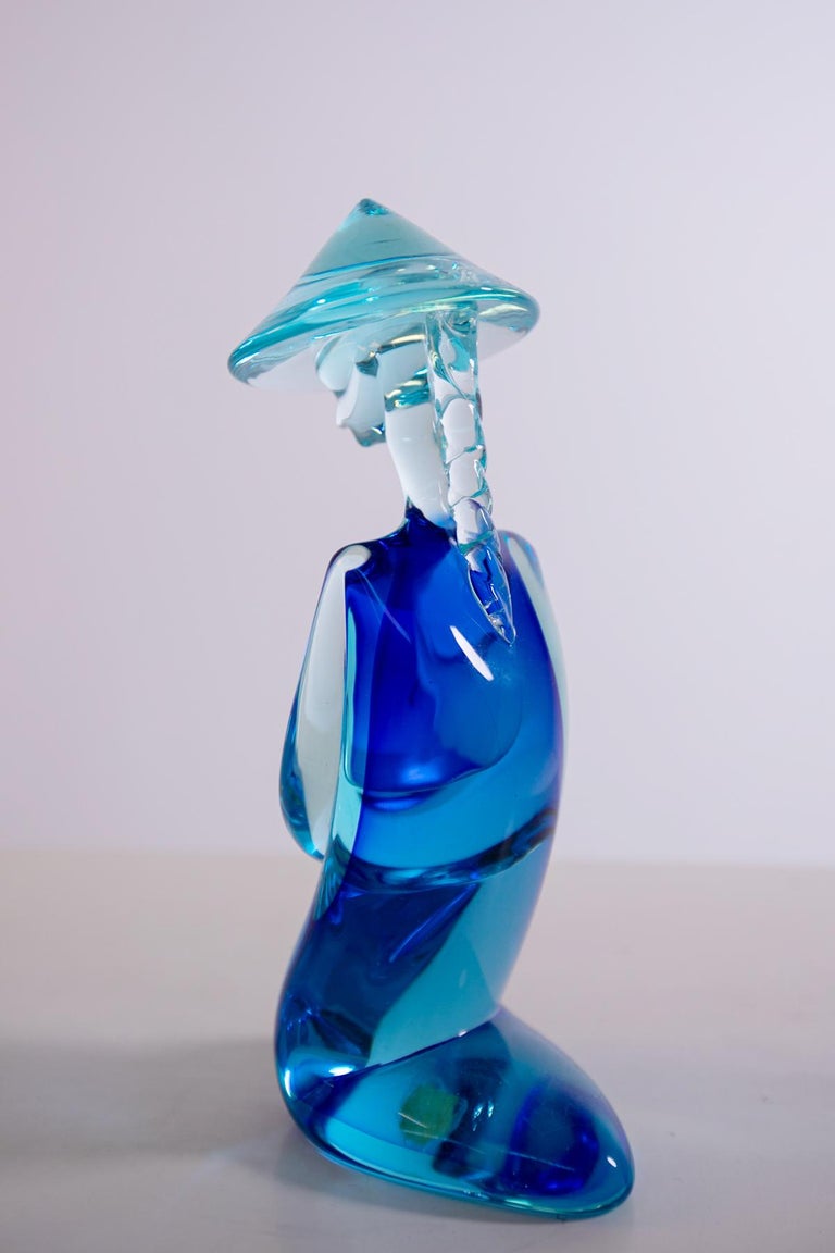 Mid-Century Modern Sculpture of Chinese Man in Blue Murano Glass by Archimede Seguso, 1960s For Sale