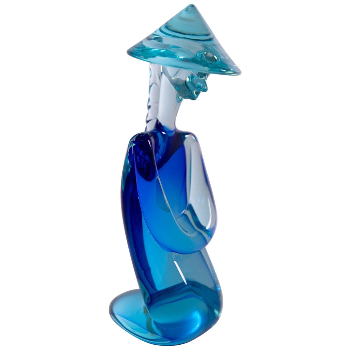 Sculpture of Chinese Man in Blue Murano Glass by Archimede Seguso, 1960s