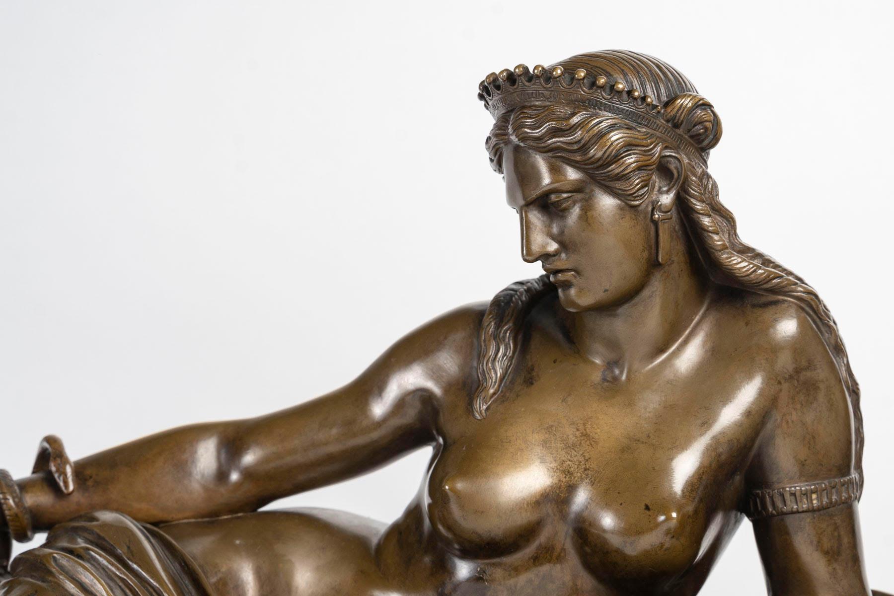 French Sculpture of Cleopatra Reclining, Sculpture Signed Barbedienne, Napoleon Period. For Sale