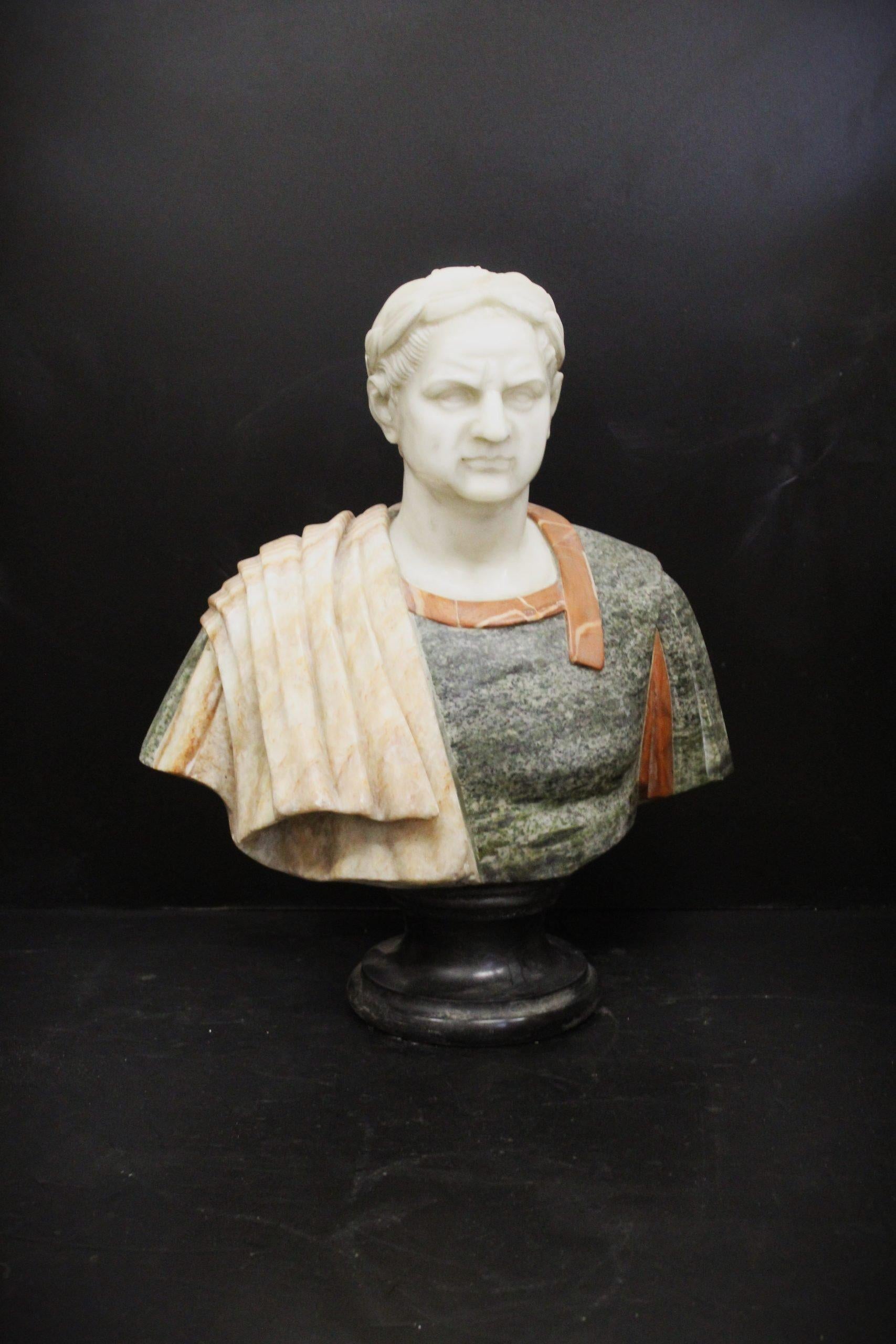 Italian Sculpture of emperor in polychrome marble.Roman emperor, marble sculpture For Sale