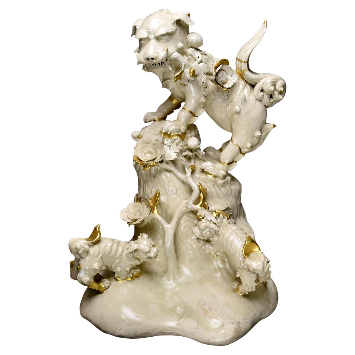 sculpture of Fo dog with its puppies white satsuma For Sale