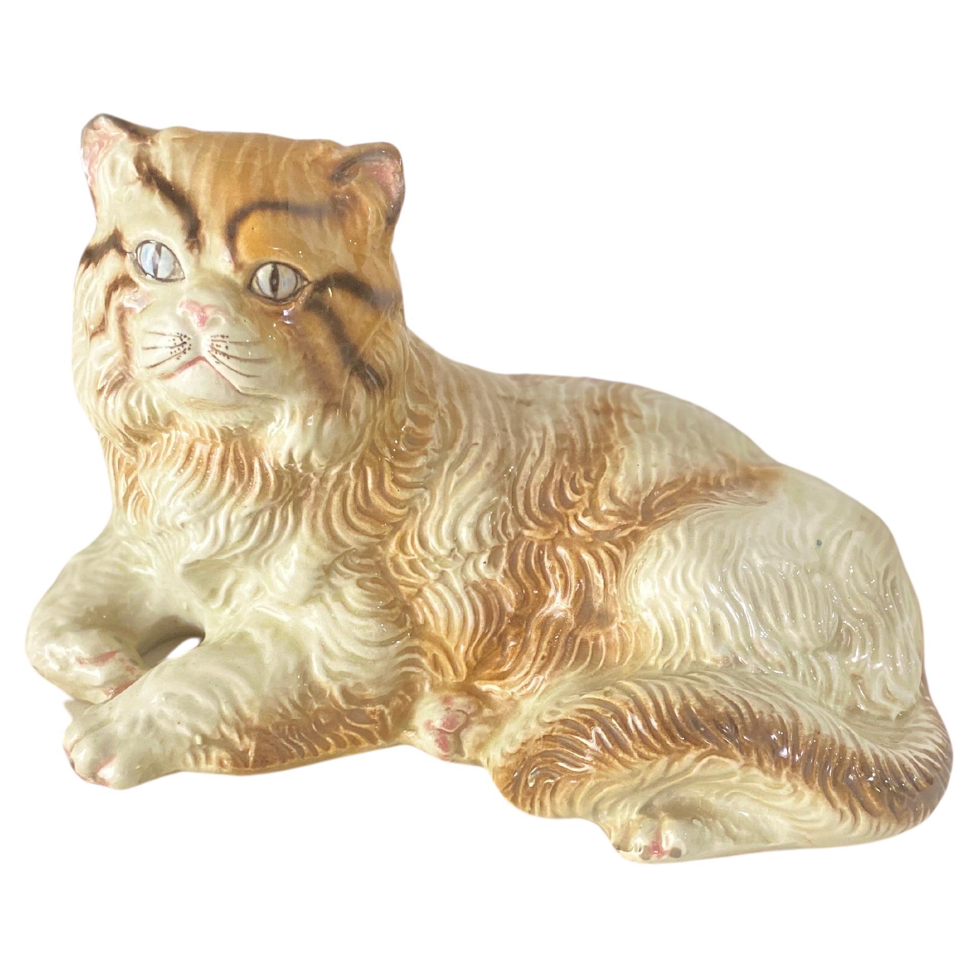Sculpture of Large Cat Italian Ceramic  from the 1970s with Hand-Painted Details For Sale