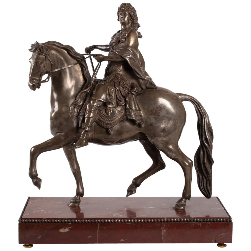 Sculpture of Louis XIV Silver Bronze and Pedestal Marble Cherry
