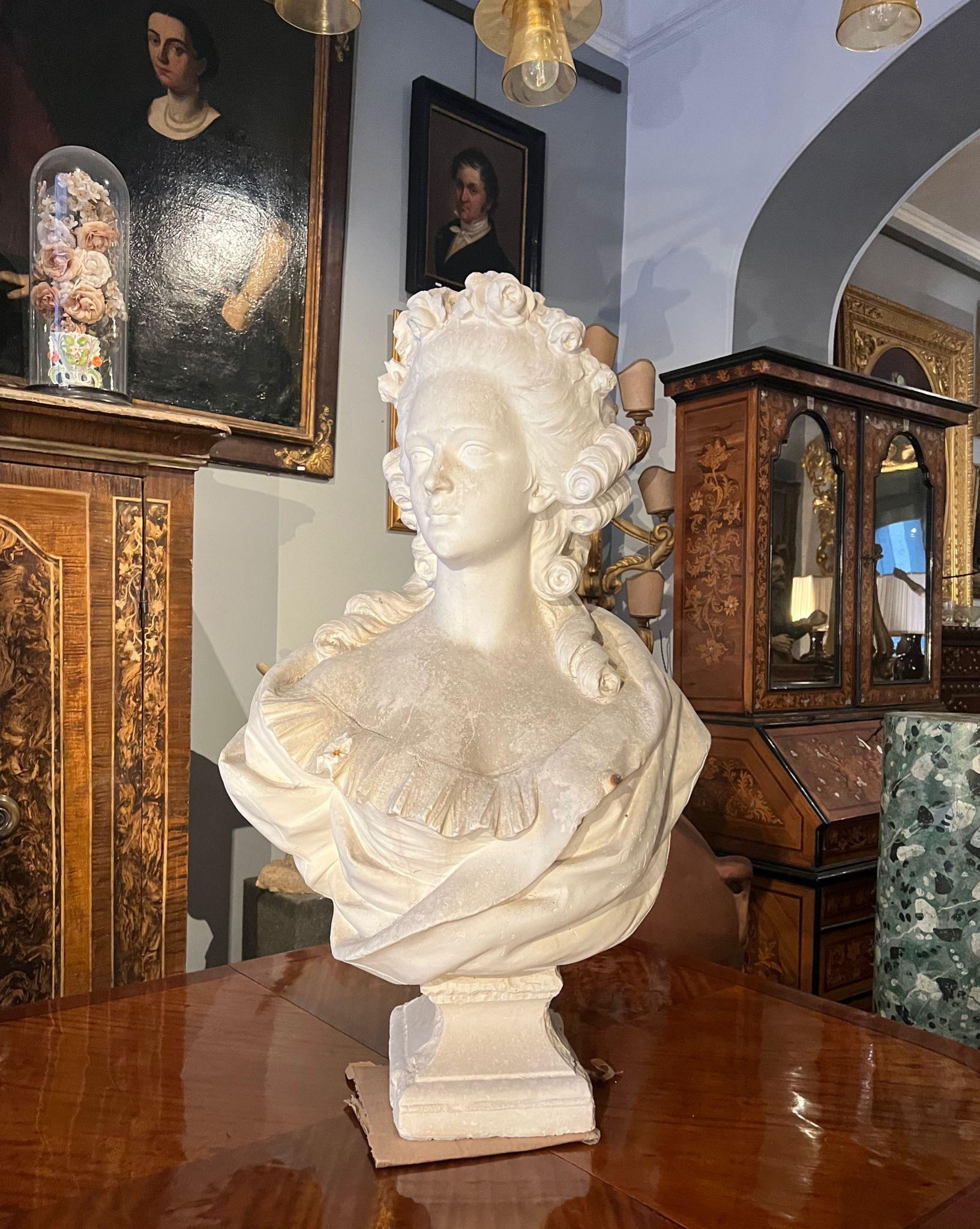 Beautiful plaster bust, depicting Madame Lamballe, Italy, 19th century.

Maria Teresa Luisa of Savoy, known with the title of Princess of Lamballe, was a member of the cadet branch of the House of Savoy and she is best known for her intimate