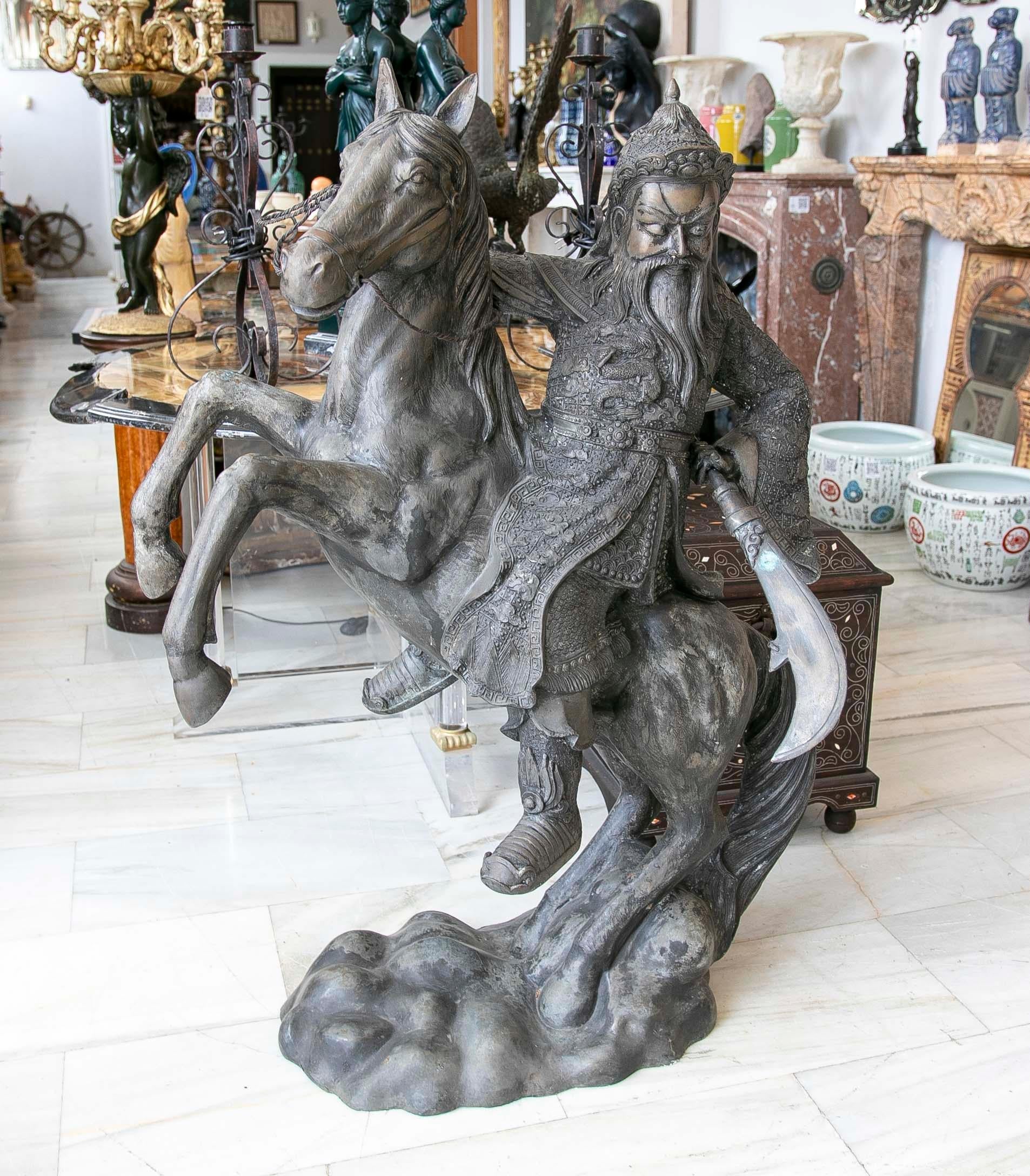 Asian Sculpture of Persian Warrior in Bronze on Horseback with Sword  For Sale