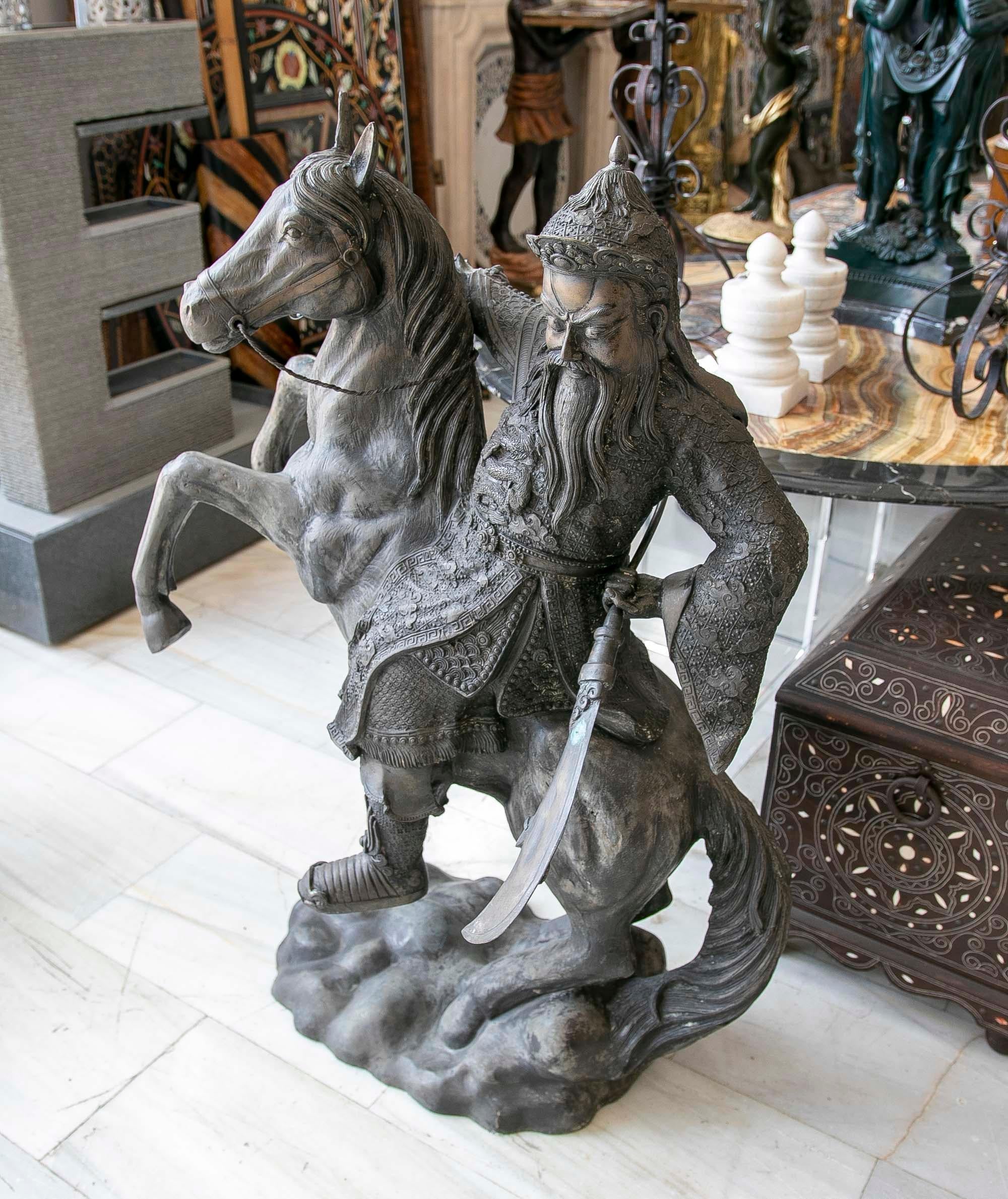 Sculpture of Persian Warrior in Bronze on Horseback with Sword  For Sale 1