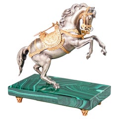 Sculpture of prancing horse, in silver and malachite base. Italy, 20th Century