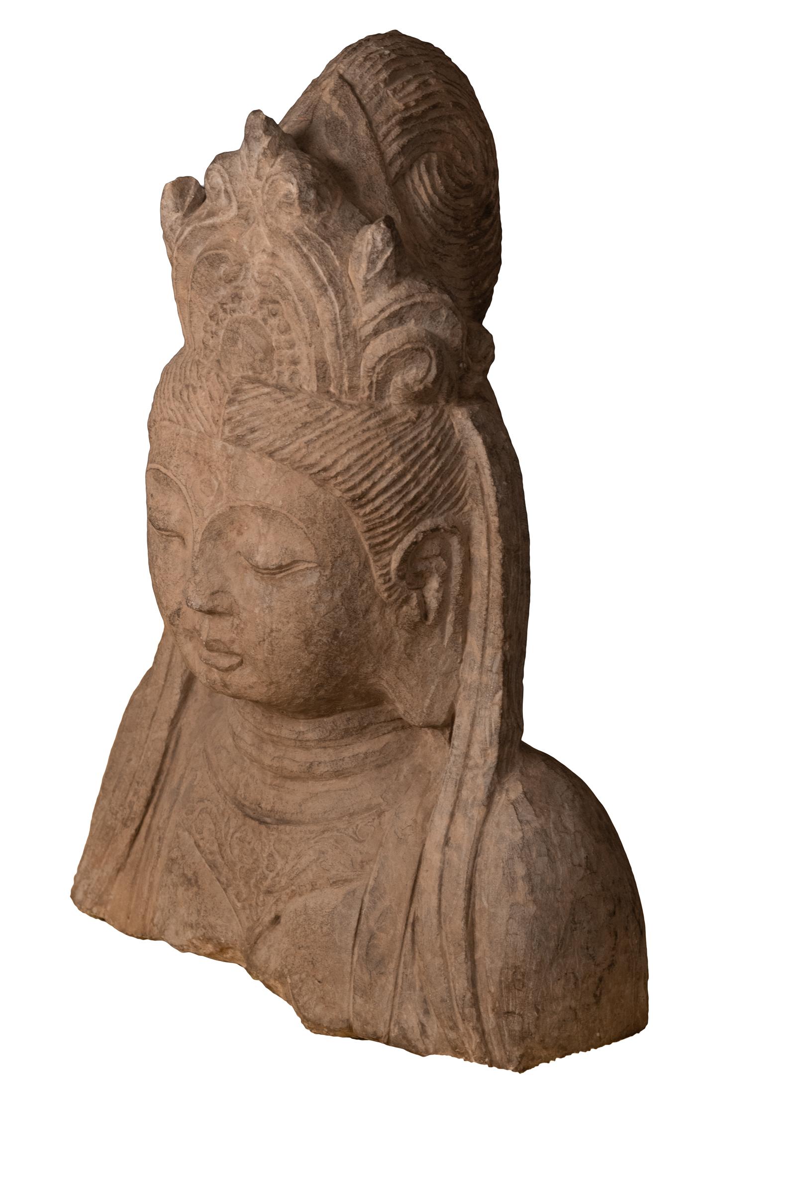 Sculpture remnant of Quanyin, Buddhist model of compassion and forgiveness, carved in solid basalt, (circa 1850).