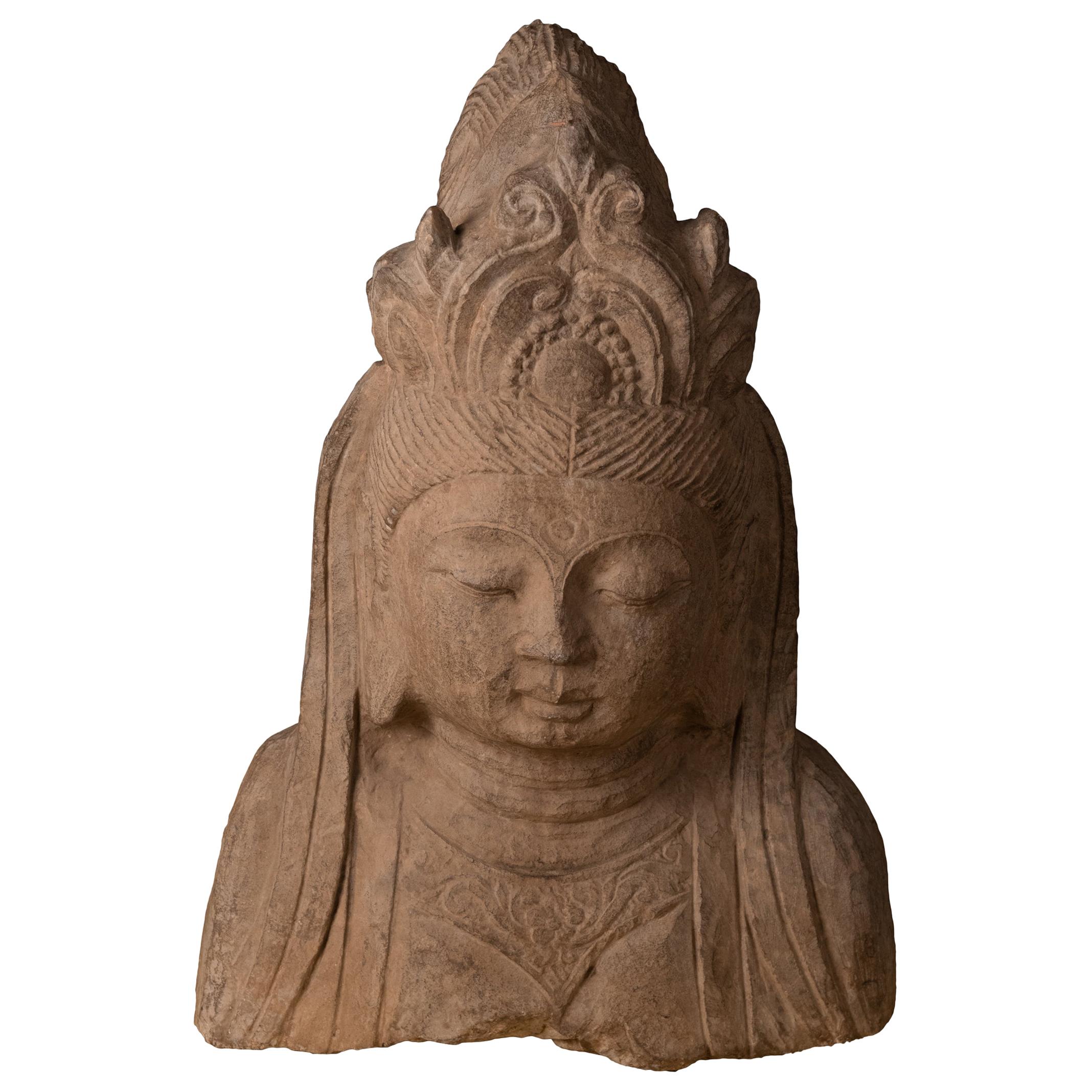 Sculpture of Quanyin Carved in Solid Basalt