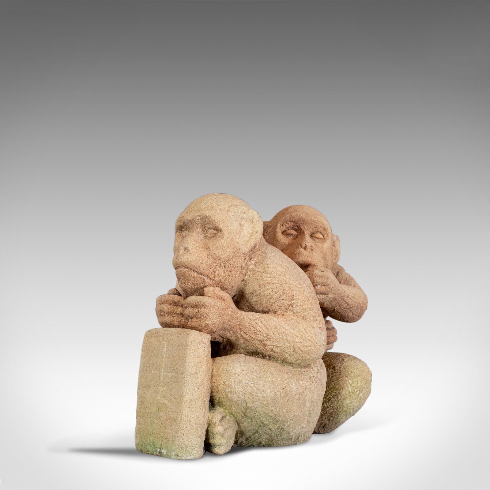This is a sculpture of a trio of sitting macaques. An English, oolitic Bath stone piece by renowned Devon-based sculptural artist, Dominic Hurley.

Wonderfully carved from single block of Bath stone in the distinctive hue typical of the oolitic