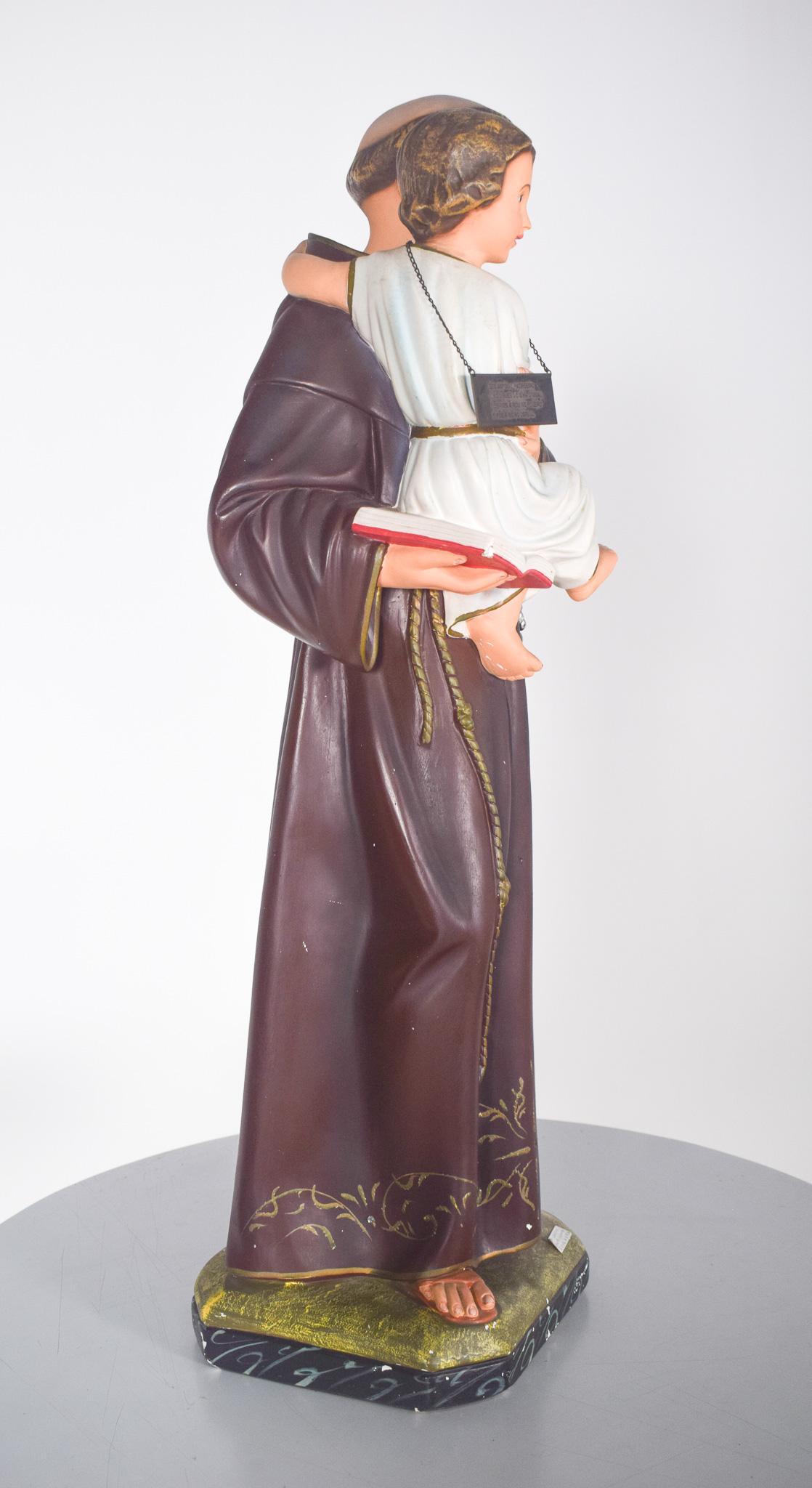 Hand-Painted Sculpture of St Anthony with Child in Pottery For Sale