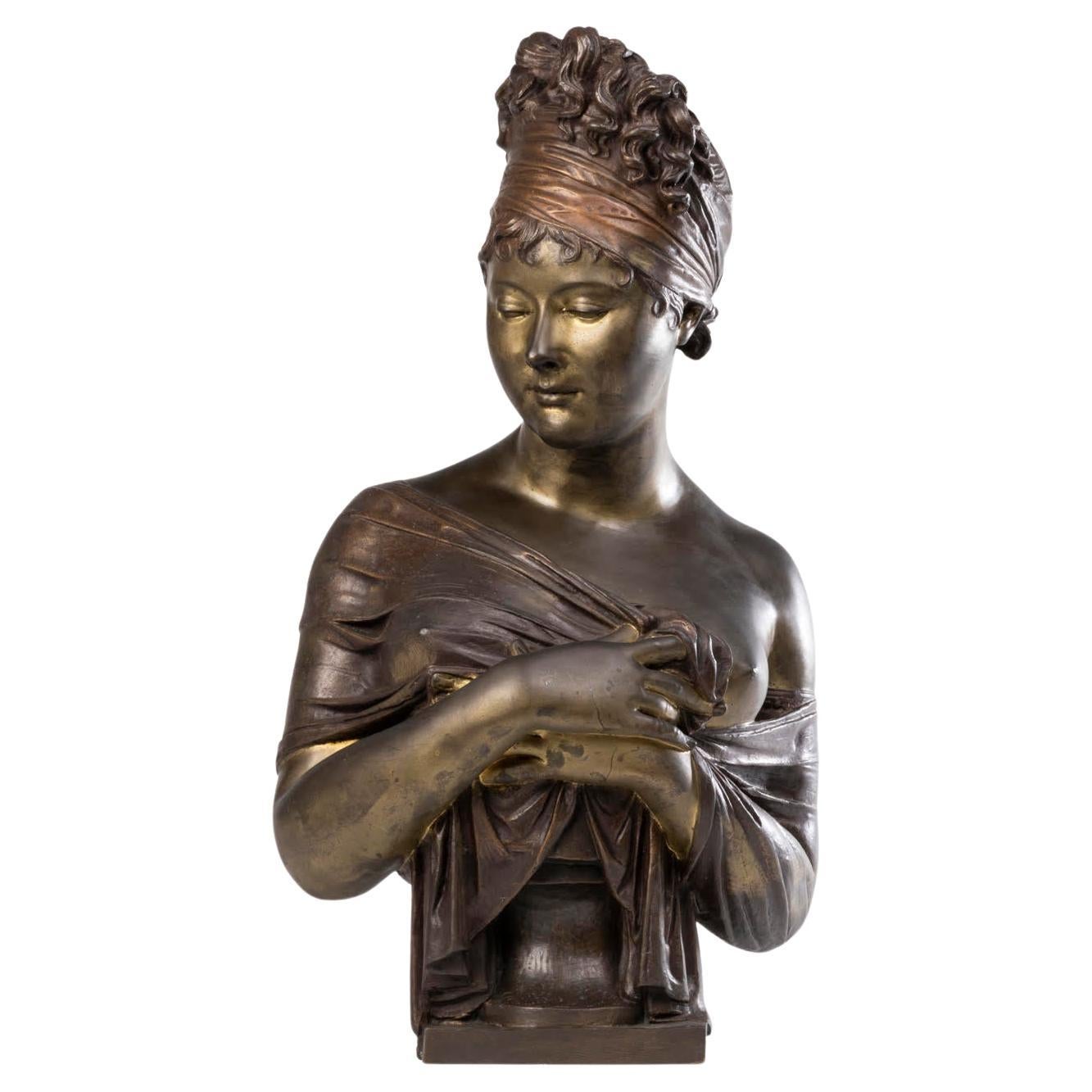 Scultura del busto di Madame Récamier, bronzo patinato, periodo Napoleone III.