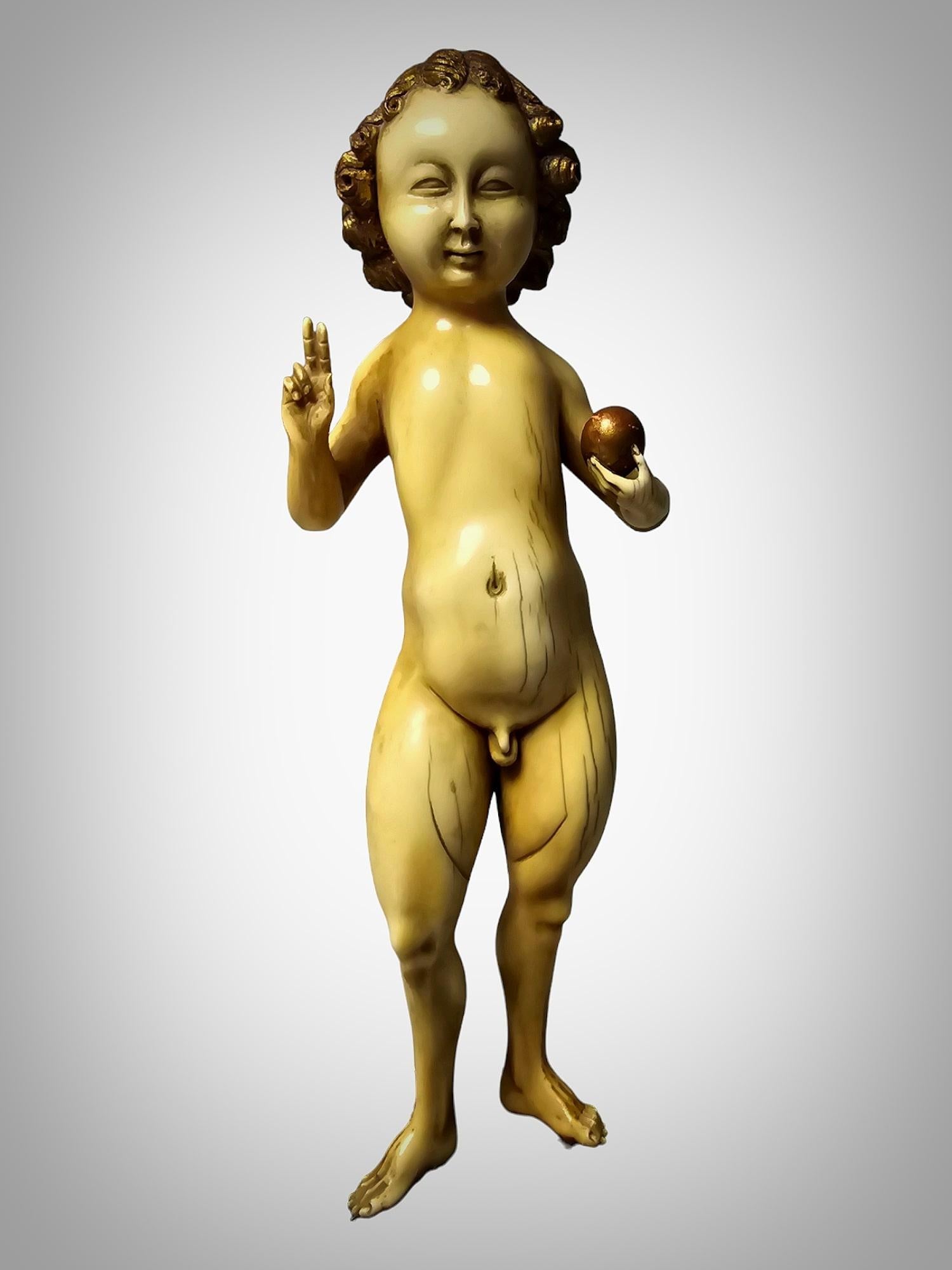 Bone Sculpture of the Infant Jesus as Salvator Mundi - School of Mechelen, 15th-16th  For Sale