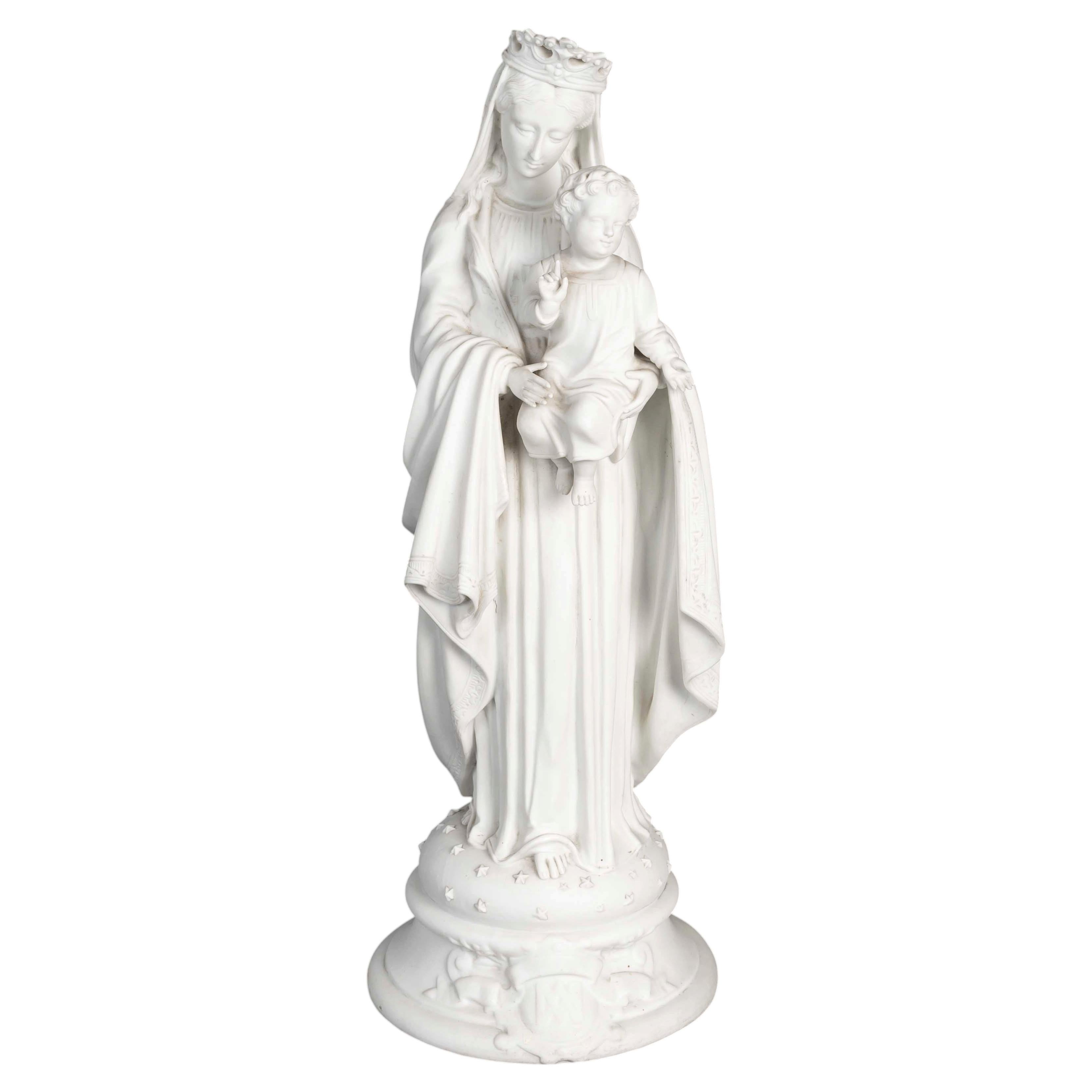 Sculpture Of The Virgin Mary With The Infant Jesus, Made Of Biscuit Porcelain. For Sale