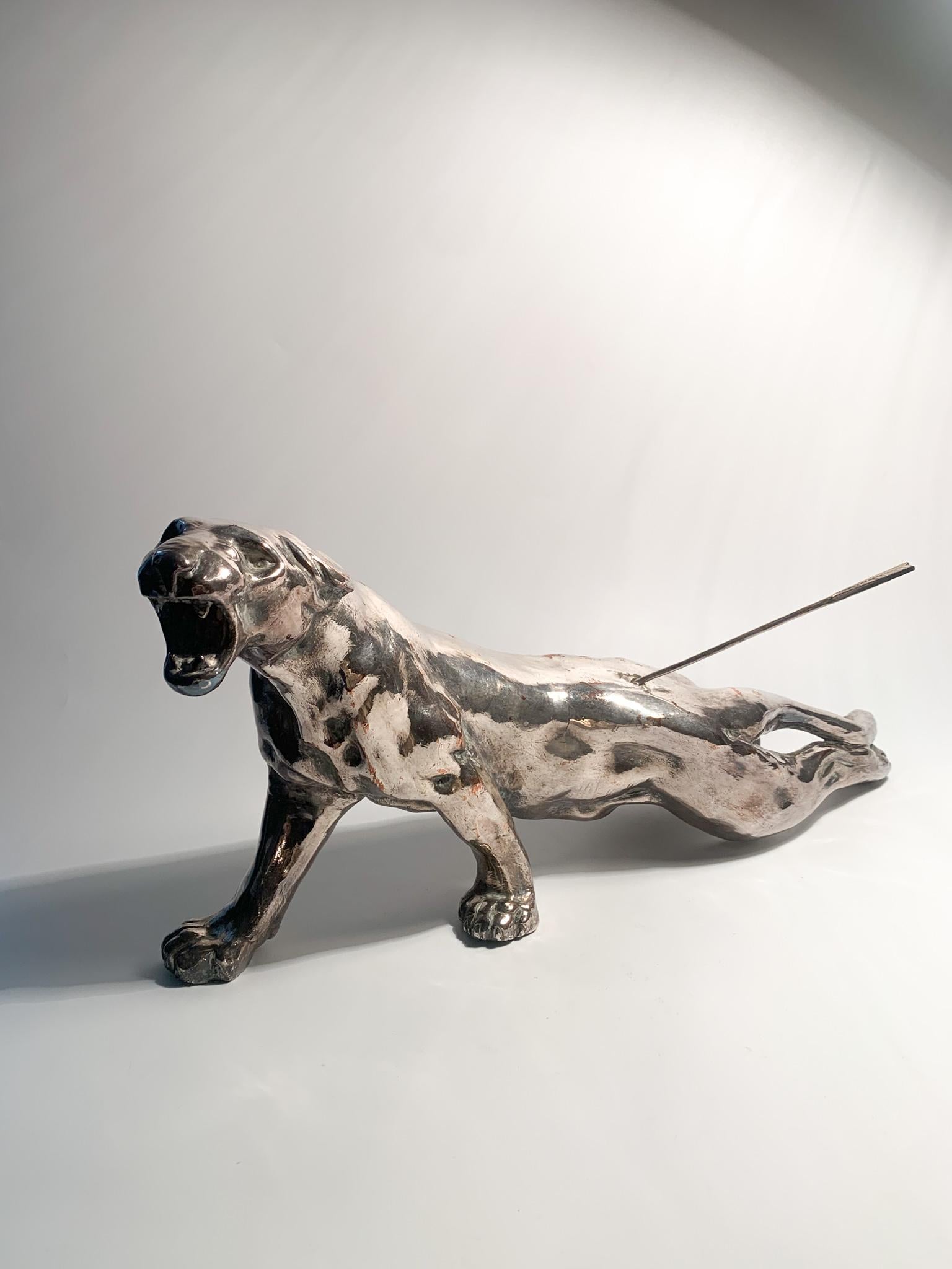 Mid-Century Modern Sculpture of Wounded Panther in terracotta and Silver by Salvatore Cipolla 1950s For Sale
