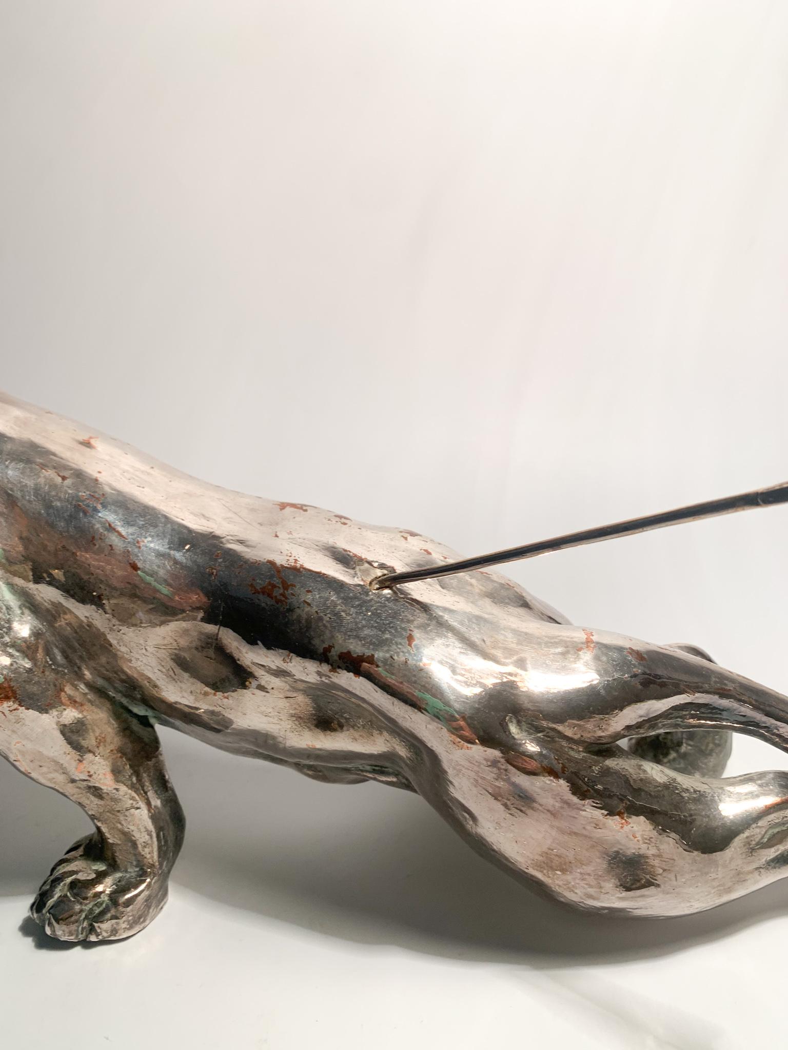 Mid-20th Century Sculpture of Wounded Panther in terracotta and Silver by Salvatore Cipolla 1950s For Sale
