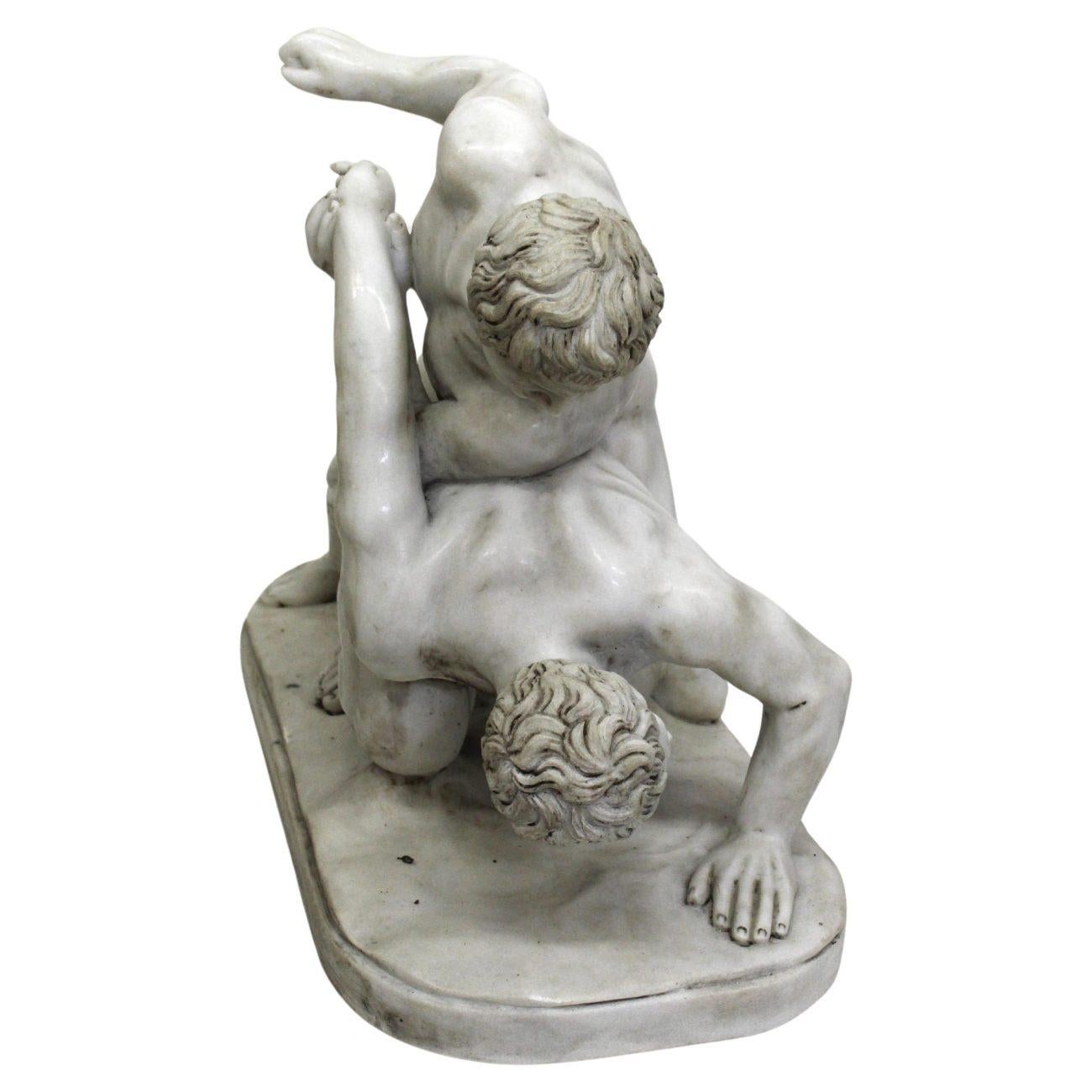 20th Century Sculpture of Wrestlers, in white marble For Sale
