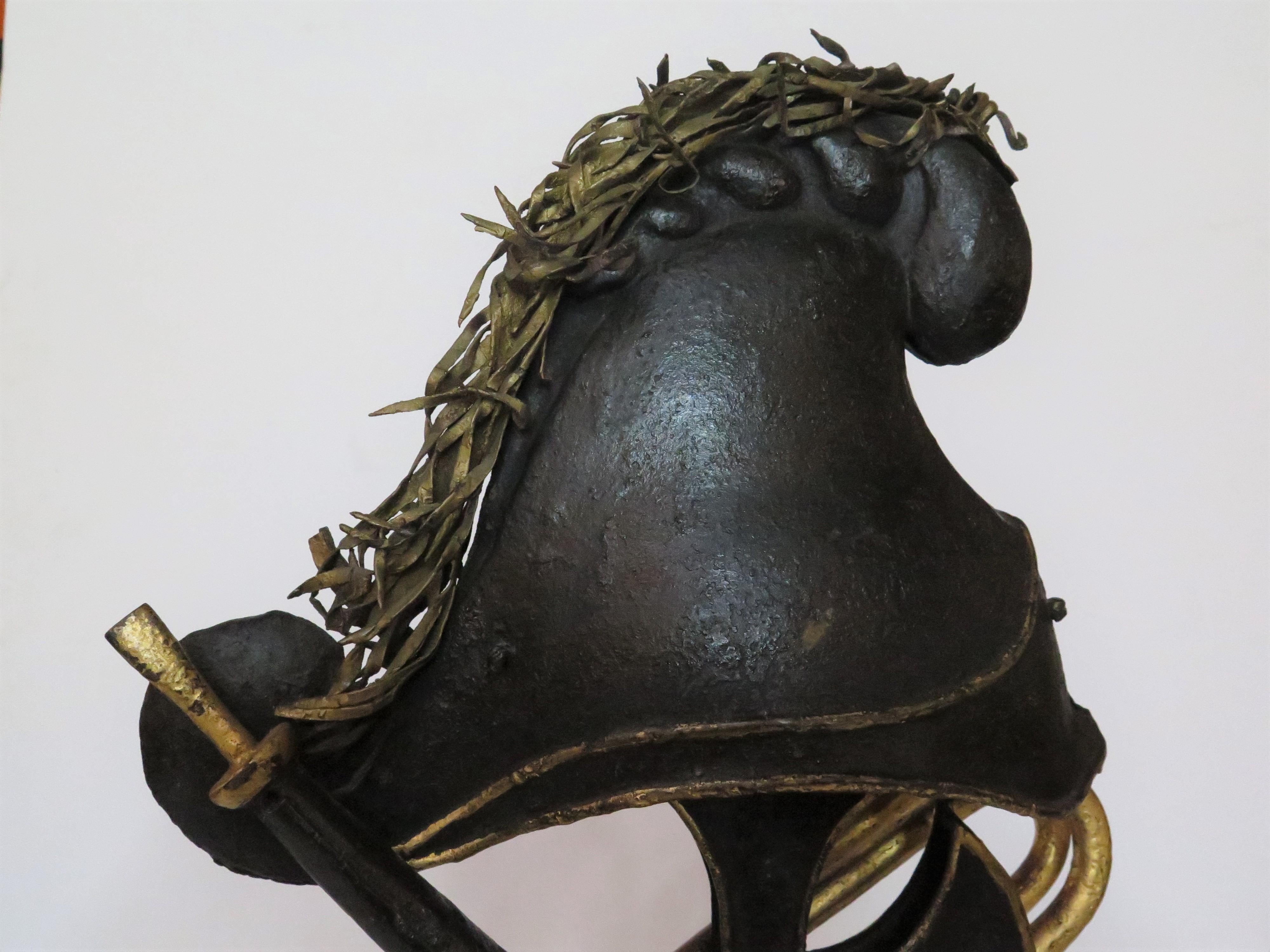Iron Sculpture / Phrygian Helmet on a Halberd with Crossed Horns For Sale