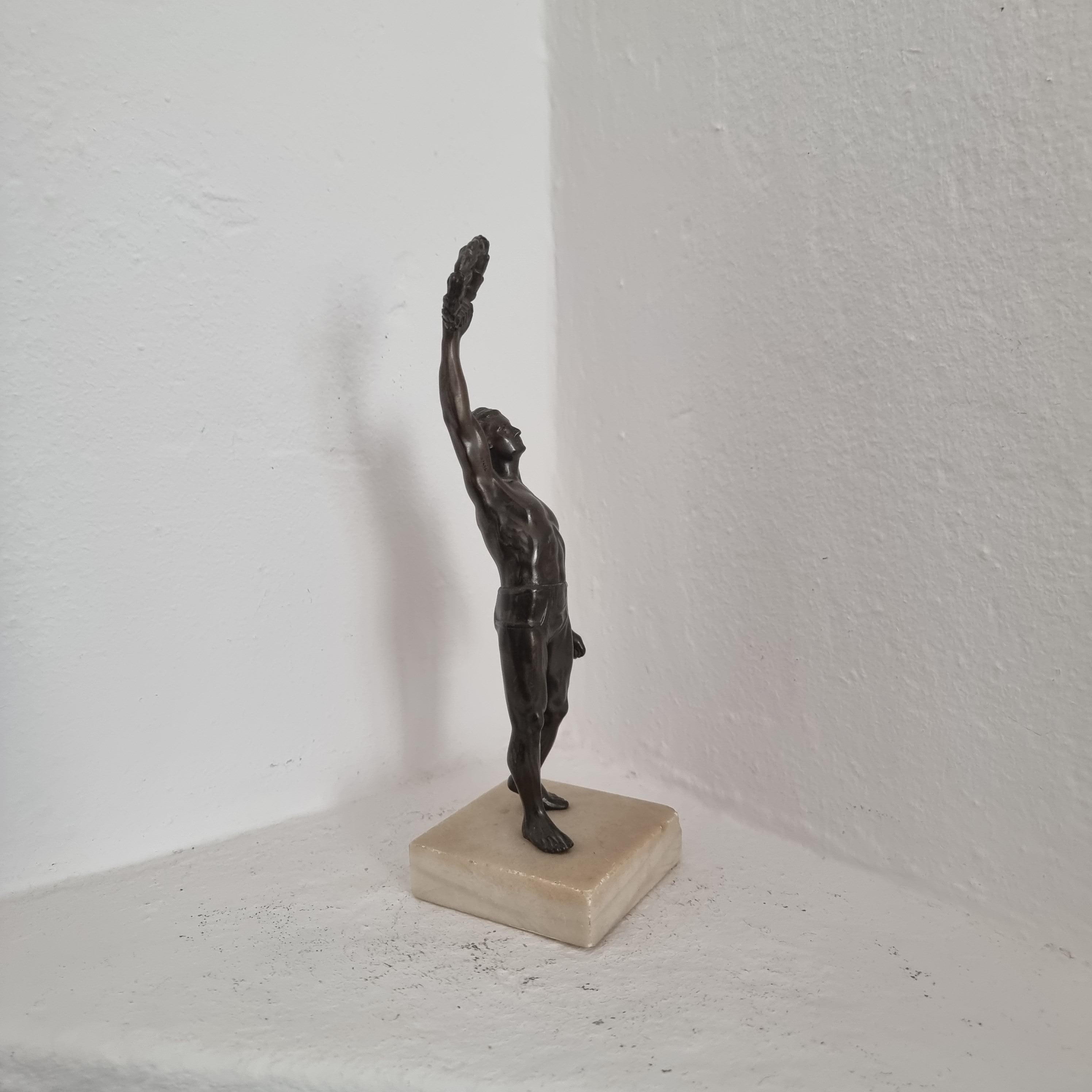 Mid-20th Century Sculpture / Prize, Athlete with Laurel-Crown, Bronze patinated zinc and marble
