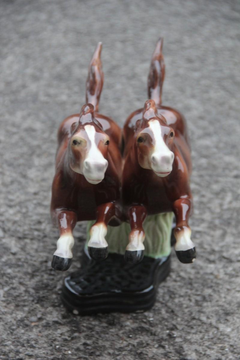 Sculpture of pure blood horses in Italian Corsa ceramic Mid-Century Modern design race.