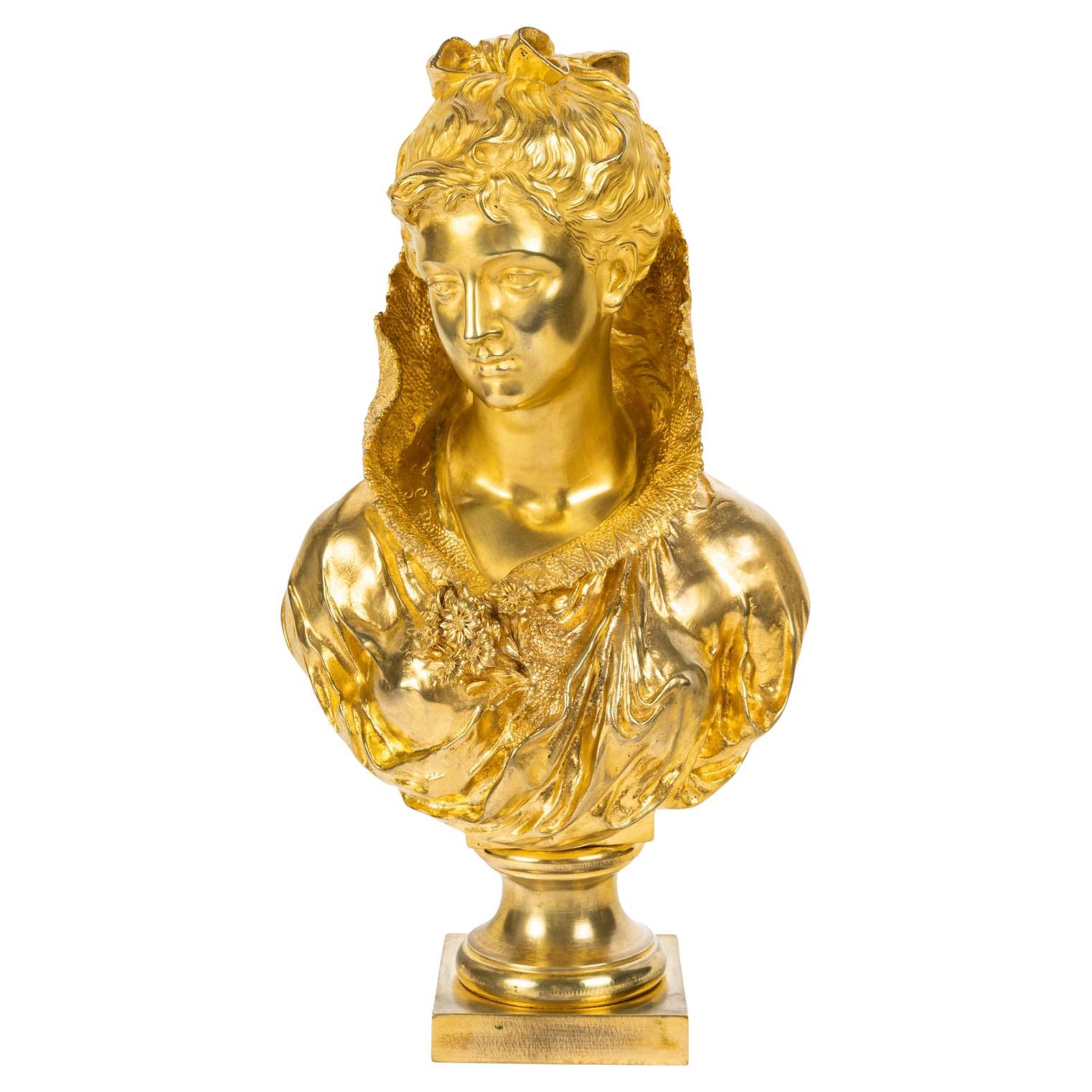 Sculpture Representing a Bust of a Woman in Gilded Bronze by Mathurin Moreau.