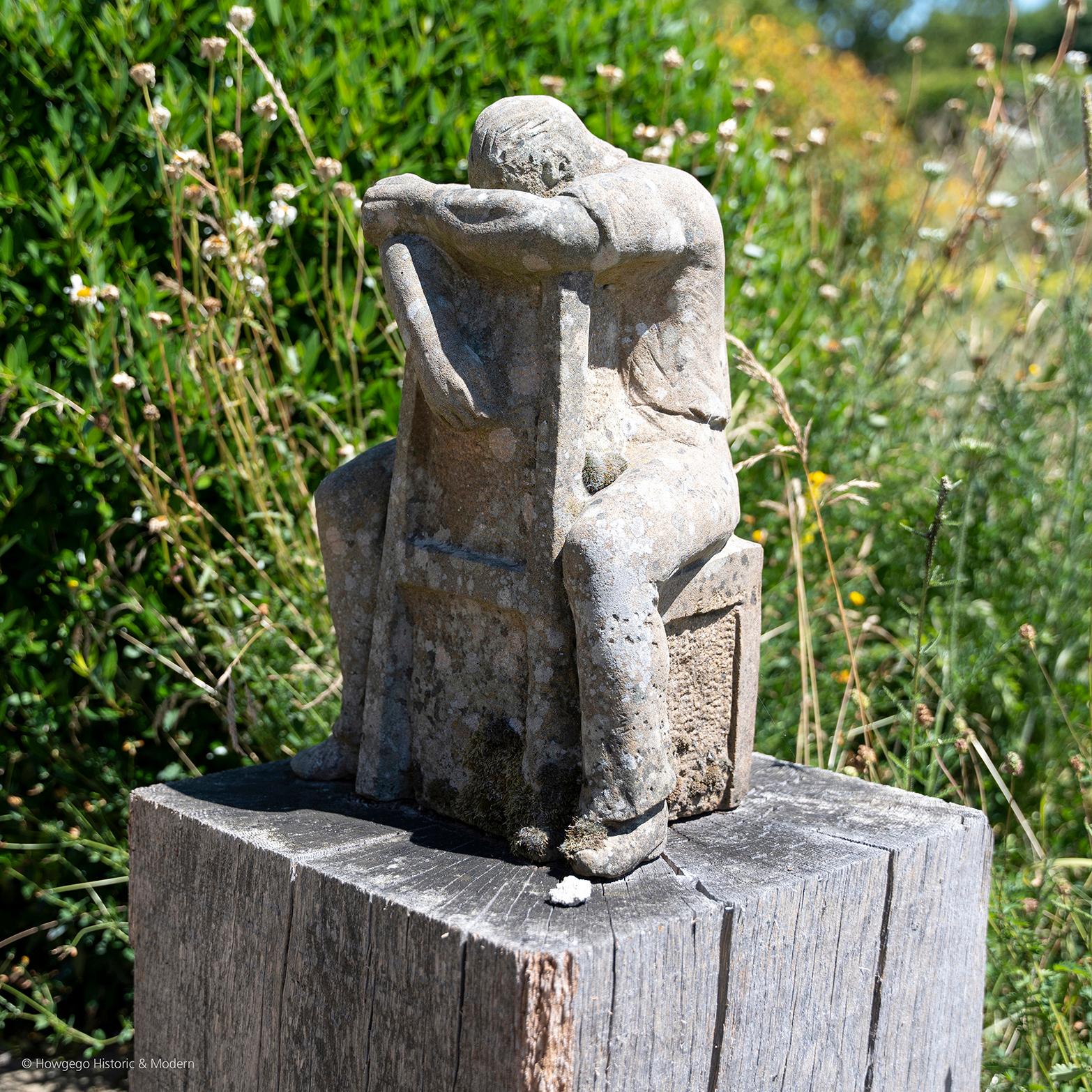 Mid-Century Modern Sculpture Sandstone Carved Figurative The Thinker For Sale
