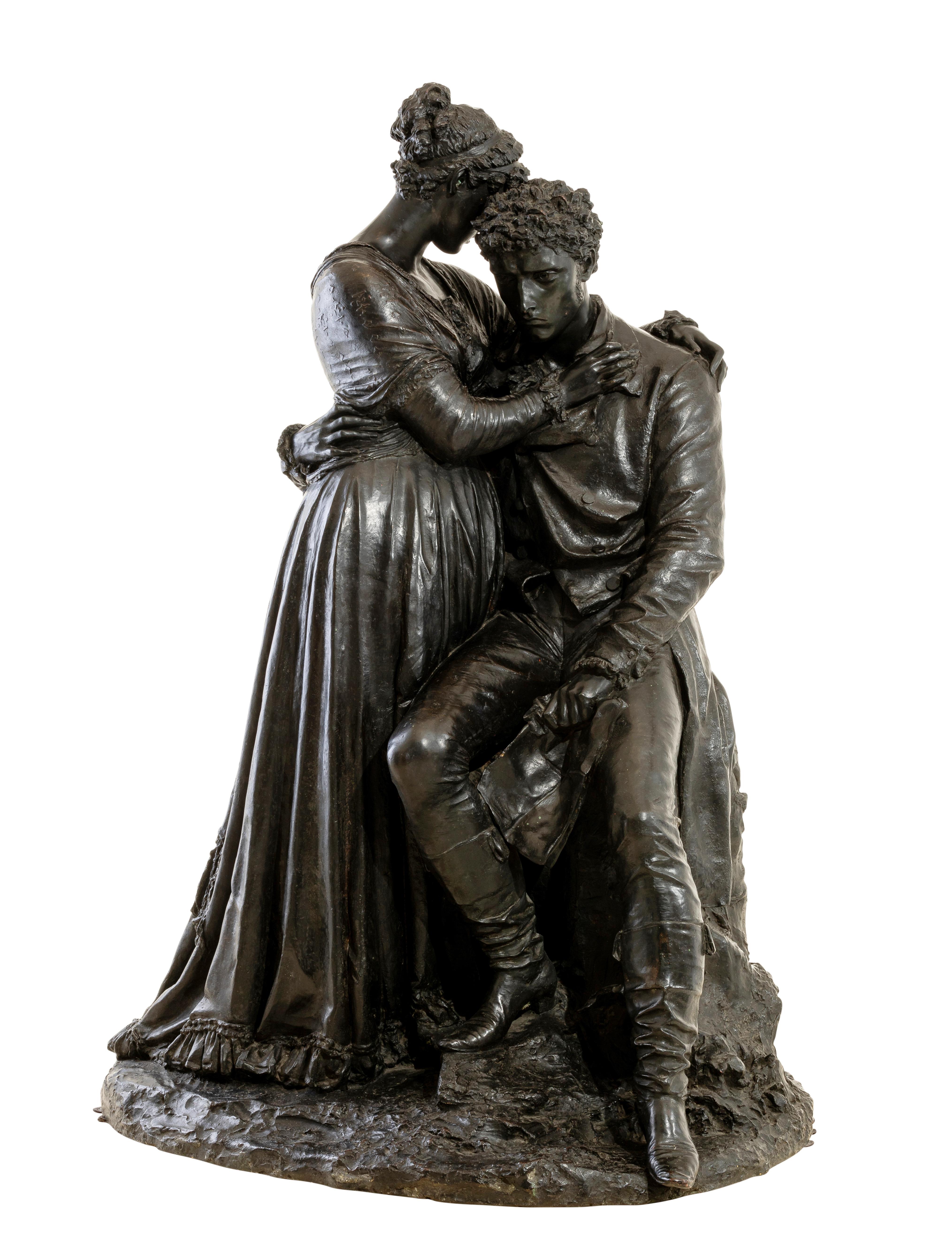 Odoardo Tabacchi (1831-1905)
Luigi Carnelli Foundry - Milan 1867

This is a large sculpture in bronze casting signed by the author and the foundry.
It depicts Ugo Foscolo consoling Italy.
The artistic interpretation of a historical fact reaches