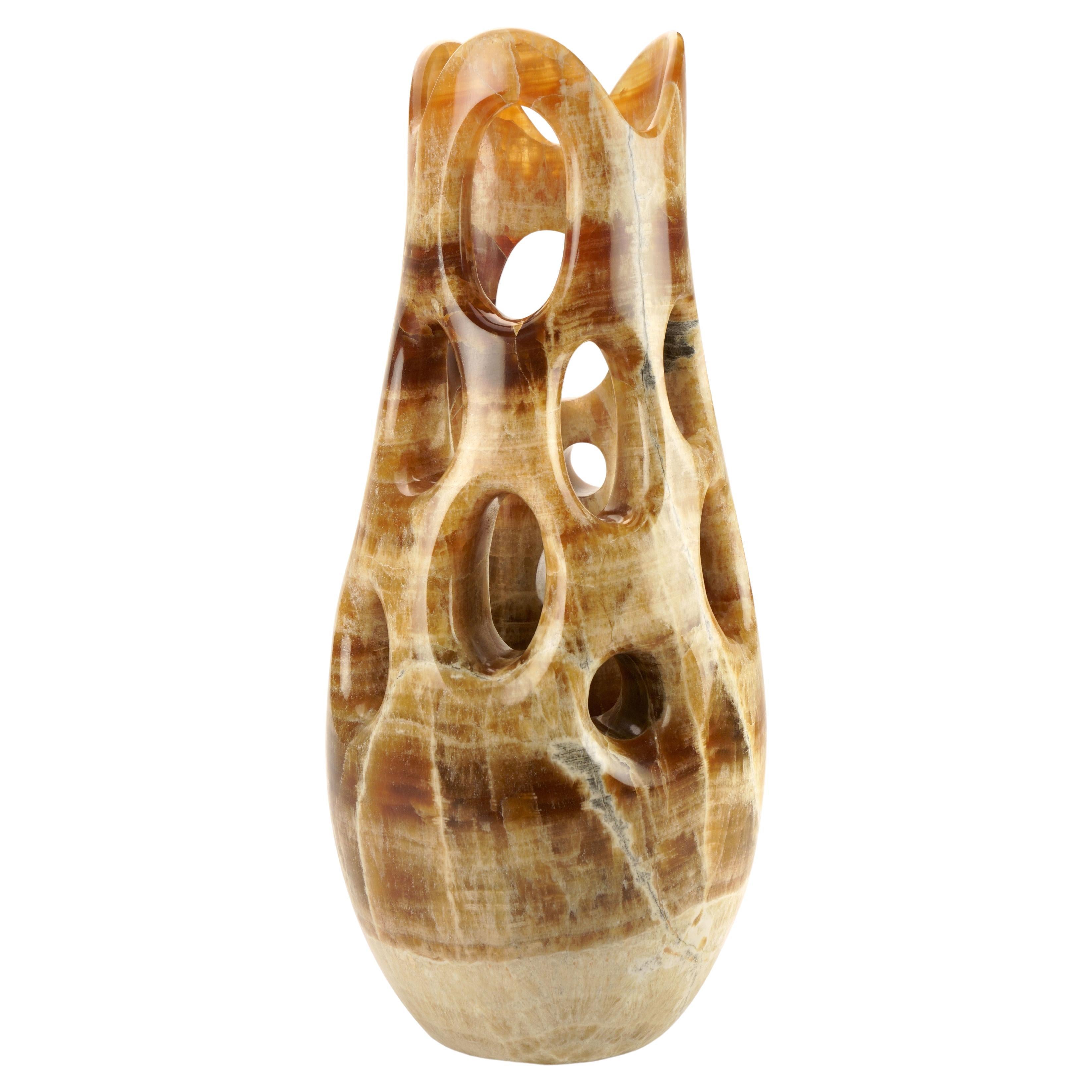 Sculpture Vase Organic Shape Contemporary Amber Onyx Marble Hand Carved, Italy For Sale