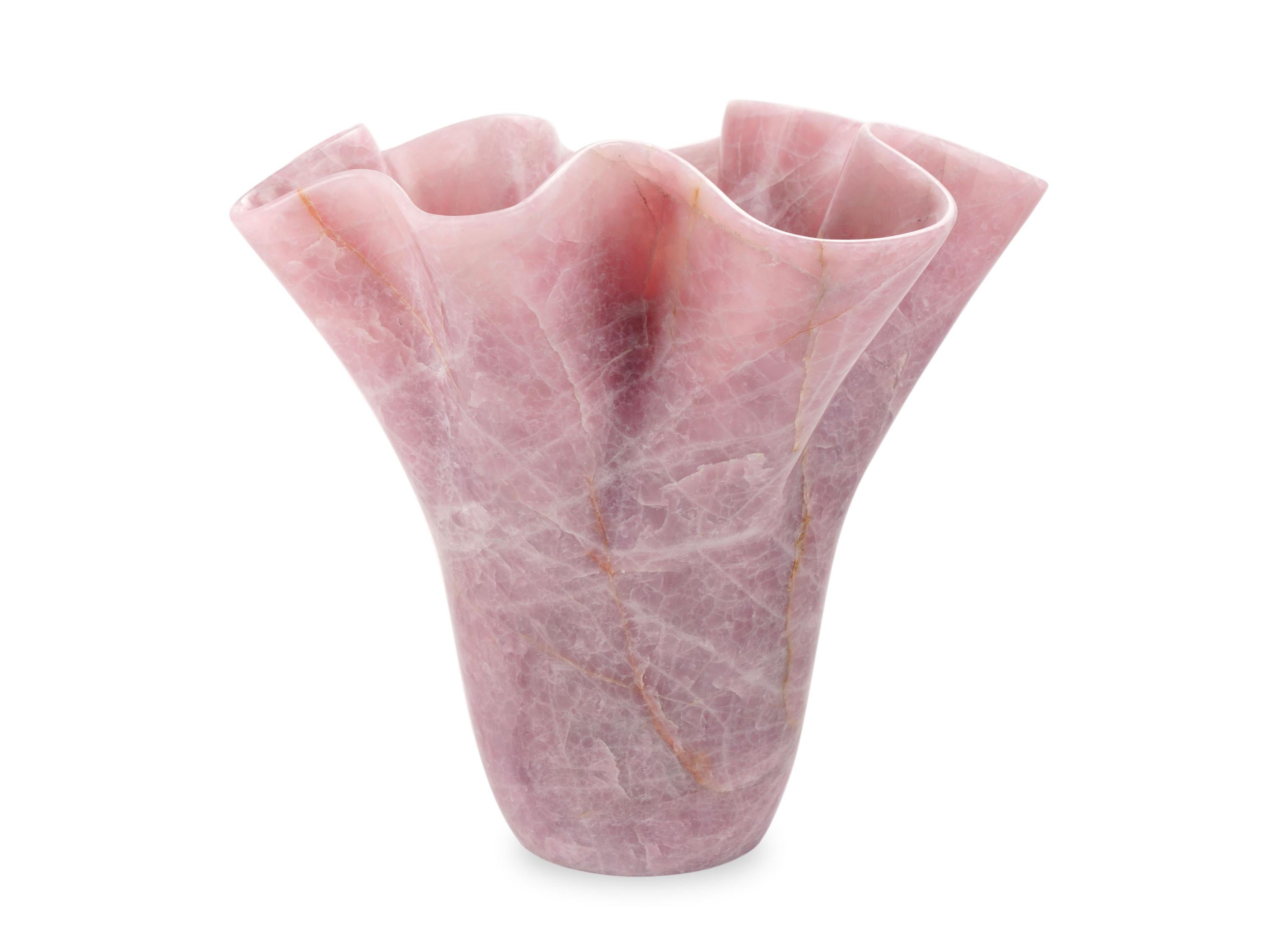 Modern Sculpture Vase Vessel Block Rose Quartz Marble Flower Shape Hand Carved, Italy For Sale