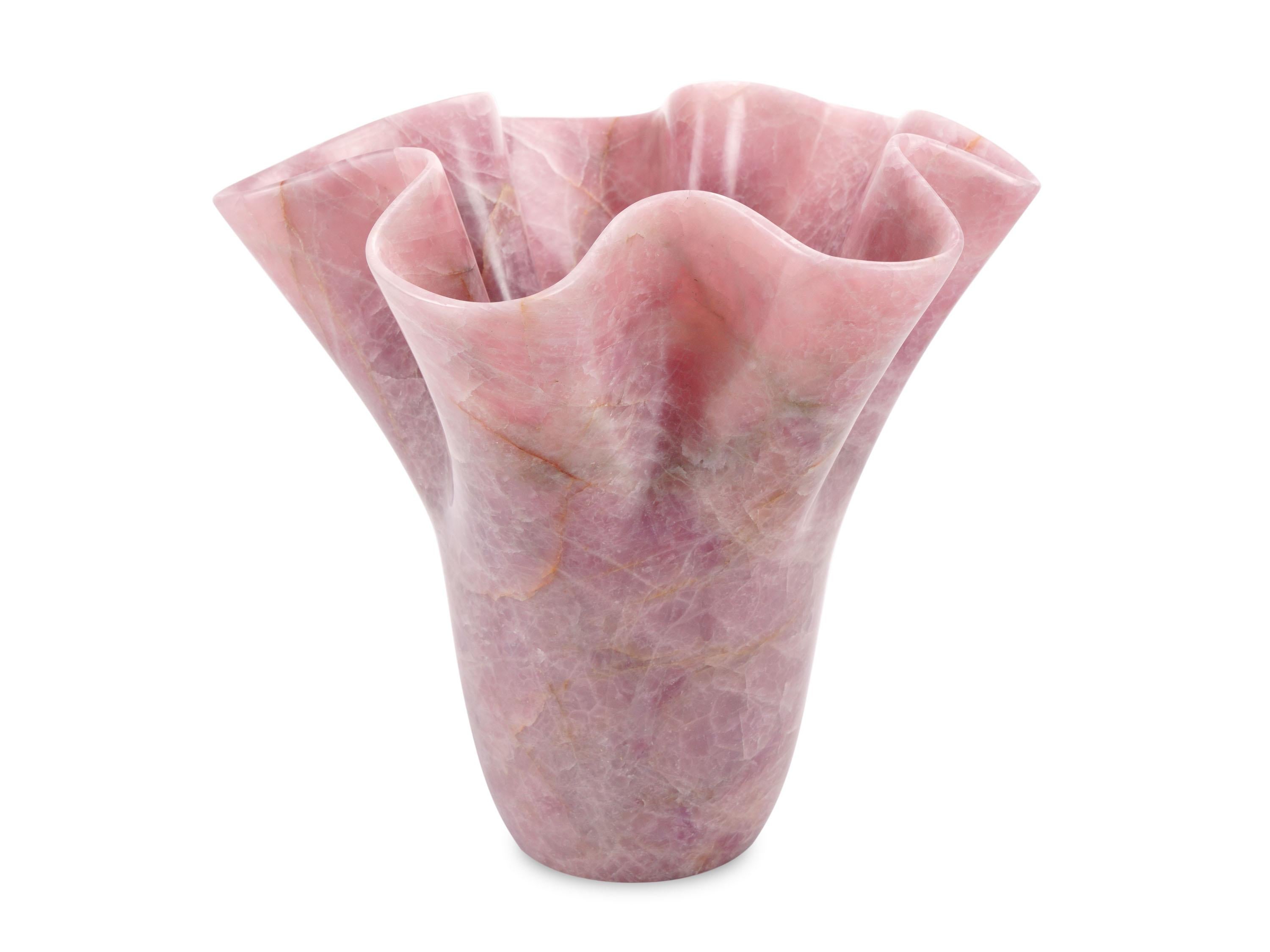 Hand-Carved Sculpture Vase Vessel Block Rose Quartz Marble Flower Shape Hand Carved, Italy For Sale