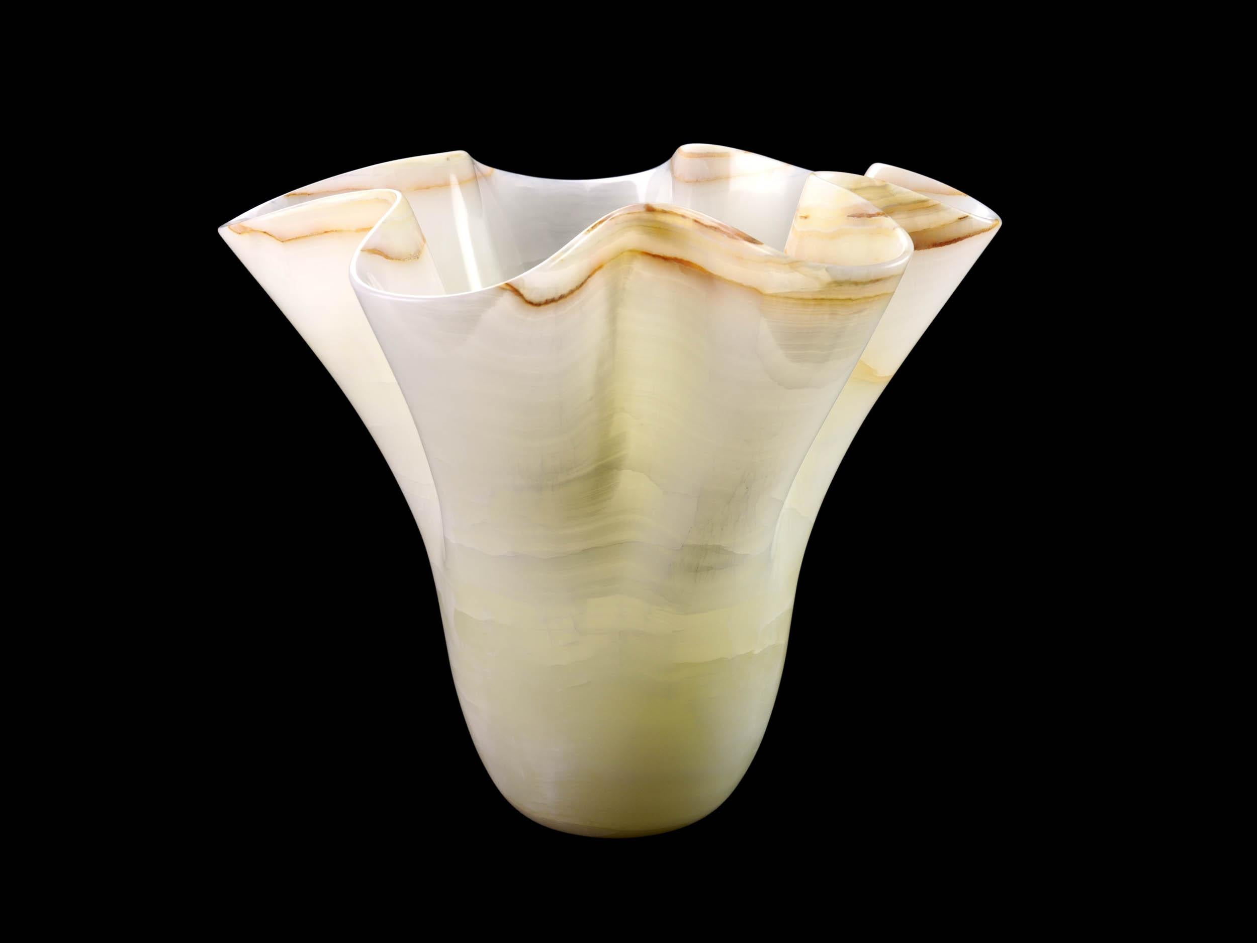 Sculpture Vase Vessel Solid Rare Pure White Onyx Hand Carved in Italy Wavy Shape For Sale 3