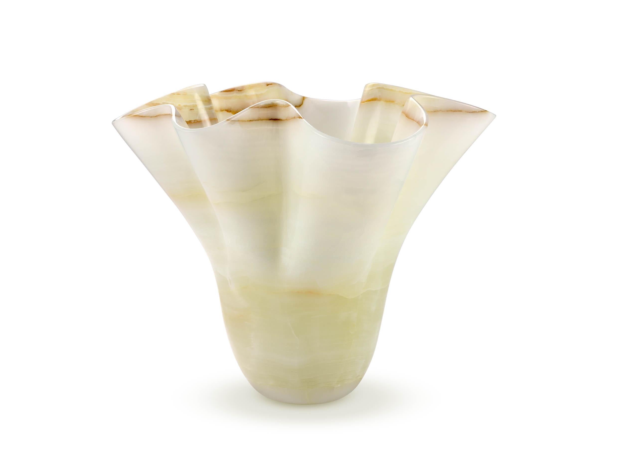 Modern Sculpture Vase Vessel Solid Rare Pure White Onyx Hand Carved in Italy Wavy Shape For Sale