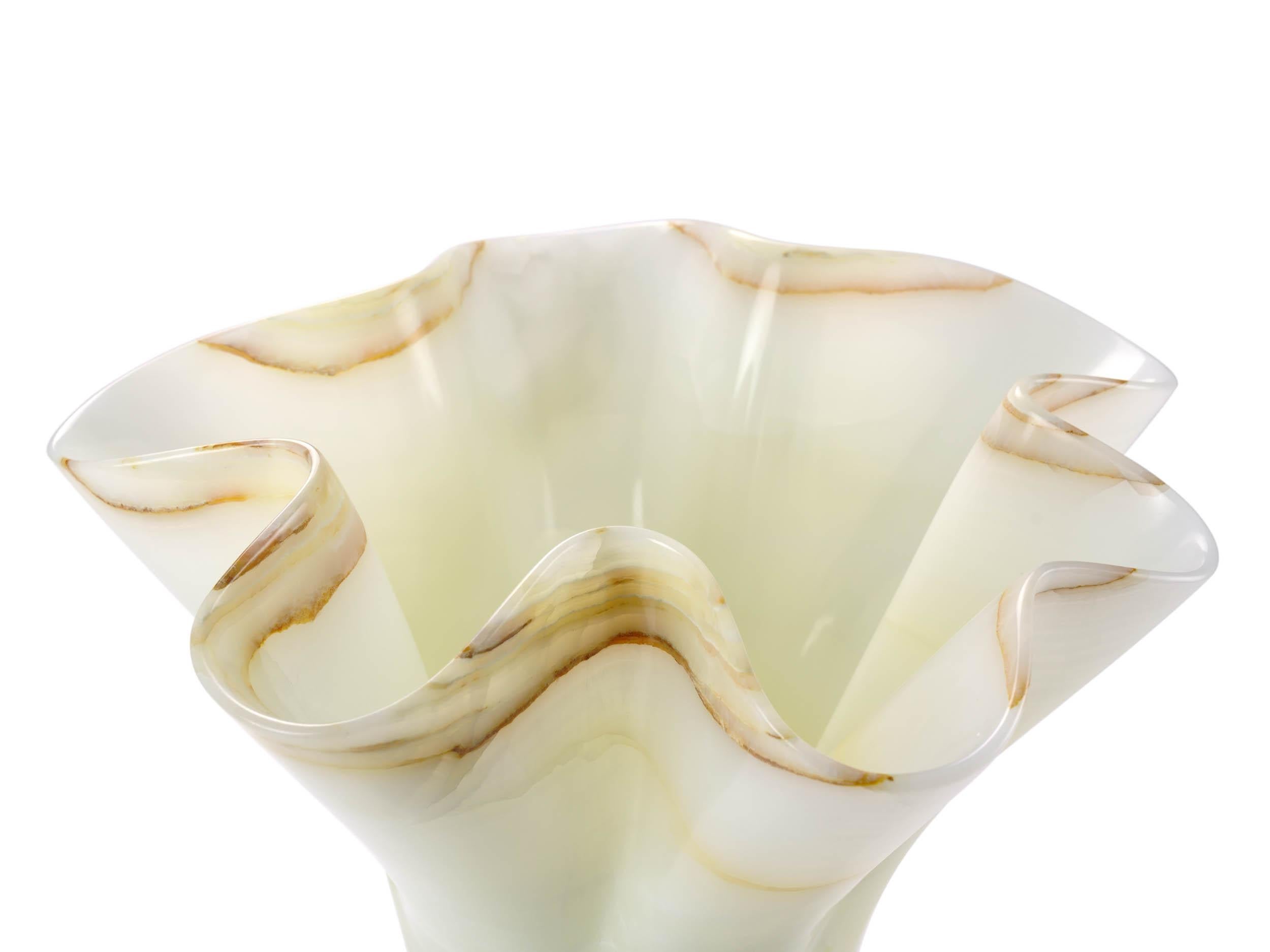 Polished Sculpture Vase Vessel Solid Rare Pure White Onyx Hand Carved in Italy Wavy Shape For Sale