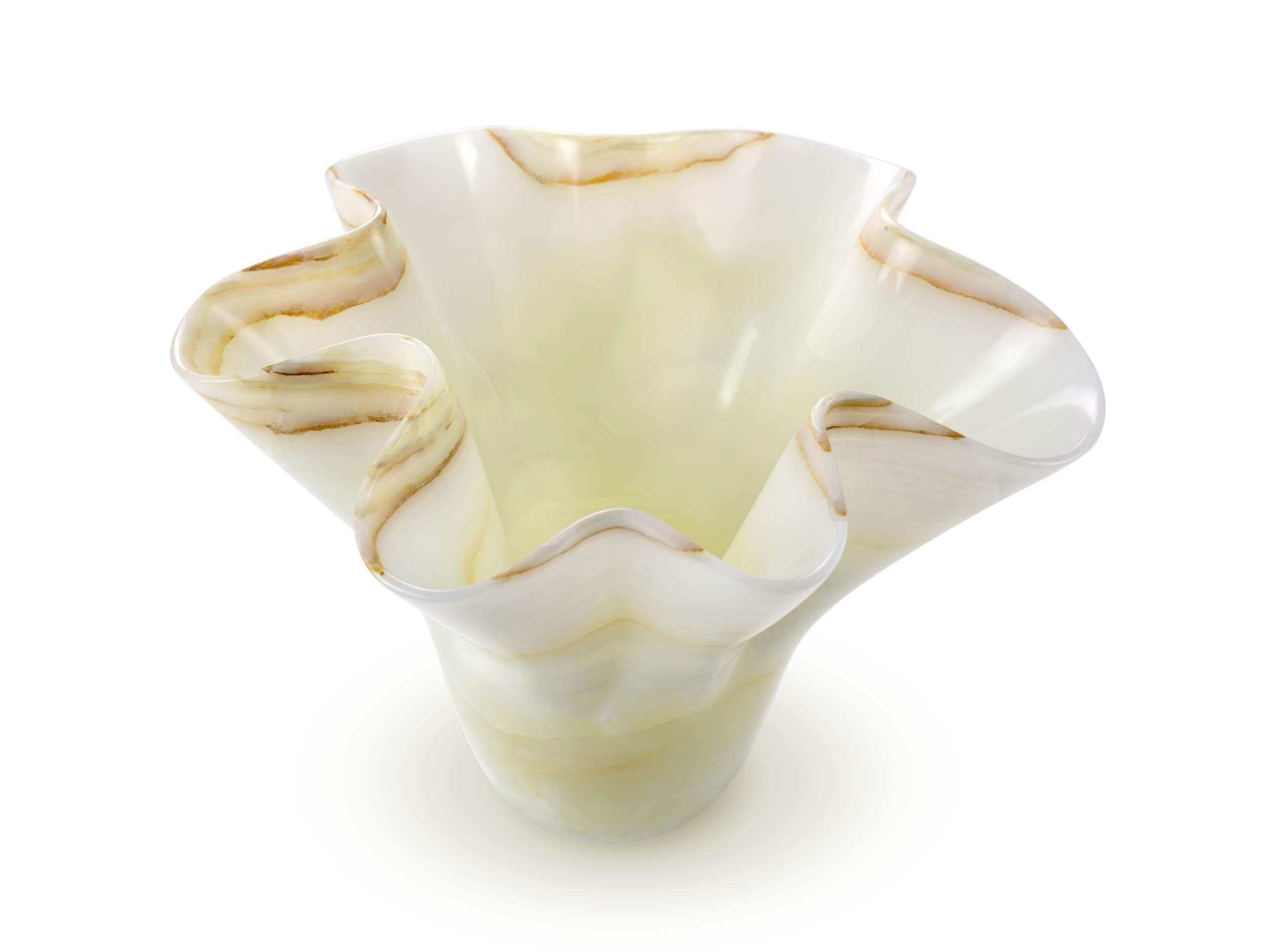 Contemporary Sculpture Vase Vessel Solid Rare Pure White Onyx Hand Carved in Italy Wavy Shape For Sale