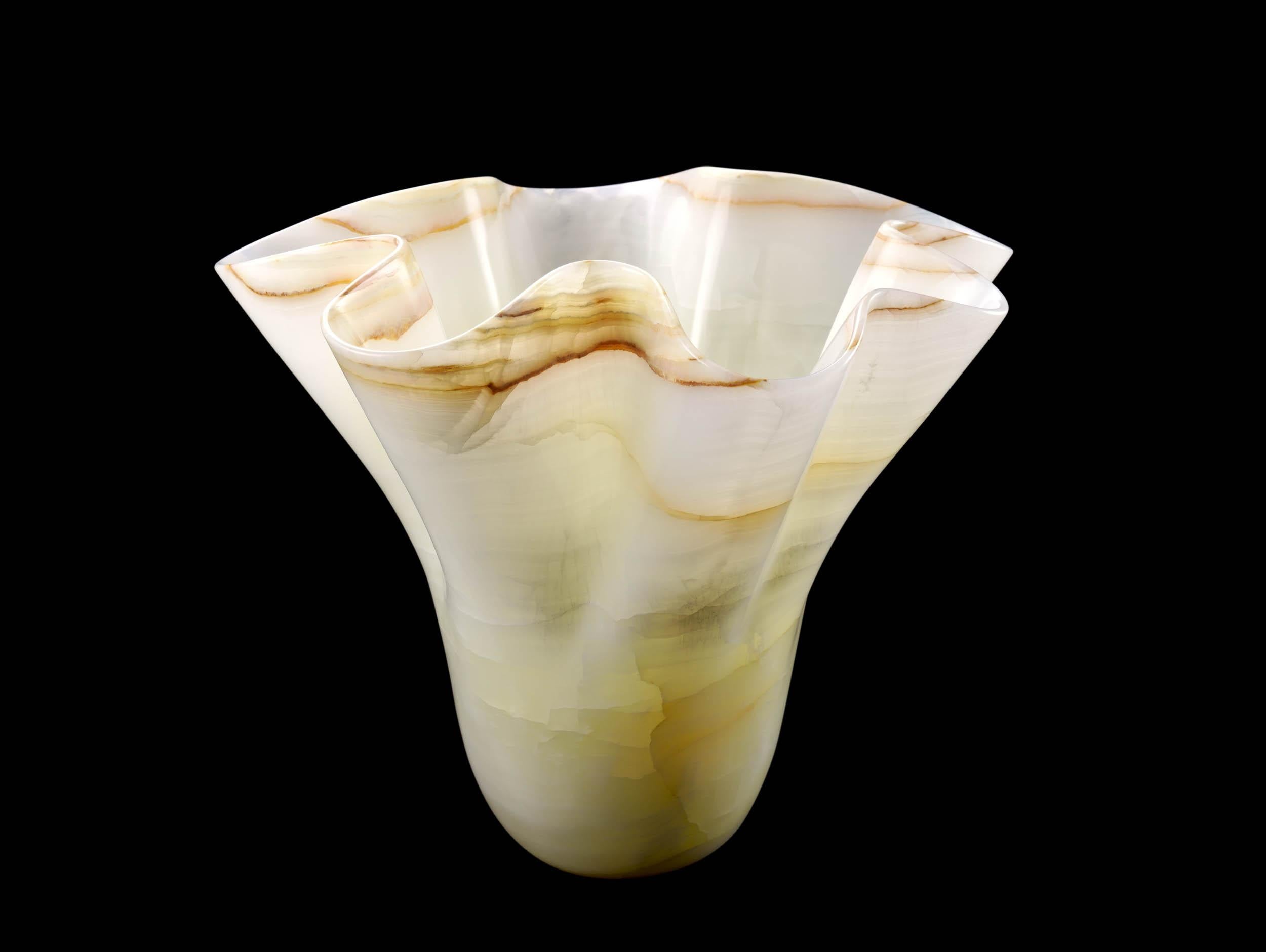 Sculpture Vase Vessel Solid Rare Pure White Onyx Hand Carved in Italy Wavy Shape For Sale 1
