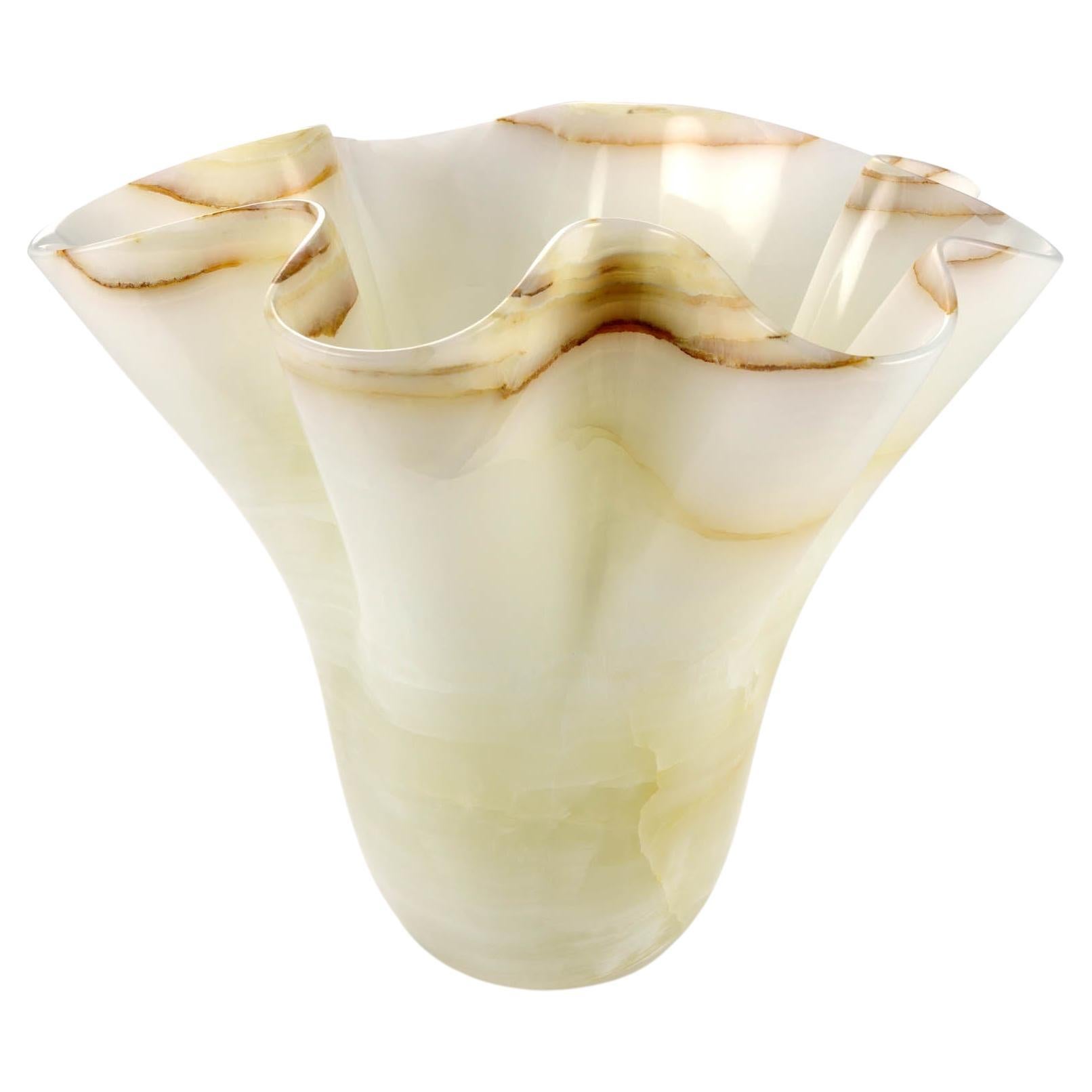 Sculpture Vase Vessel Solid Rare Pure White Onyx Hand Carved in Italy Wavy Shape For Sale