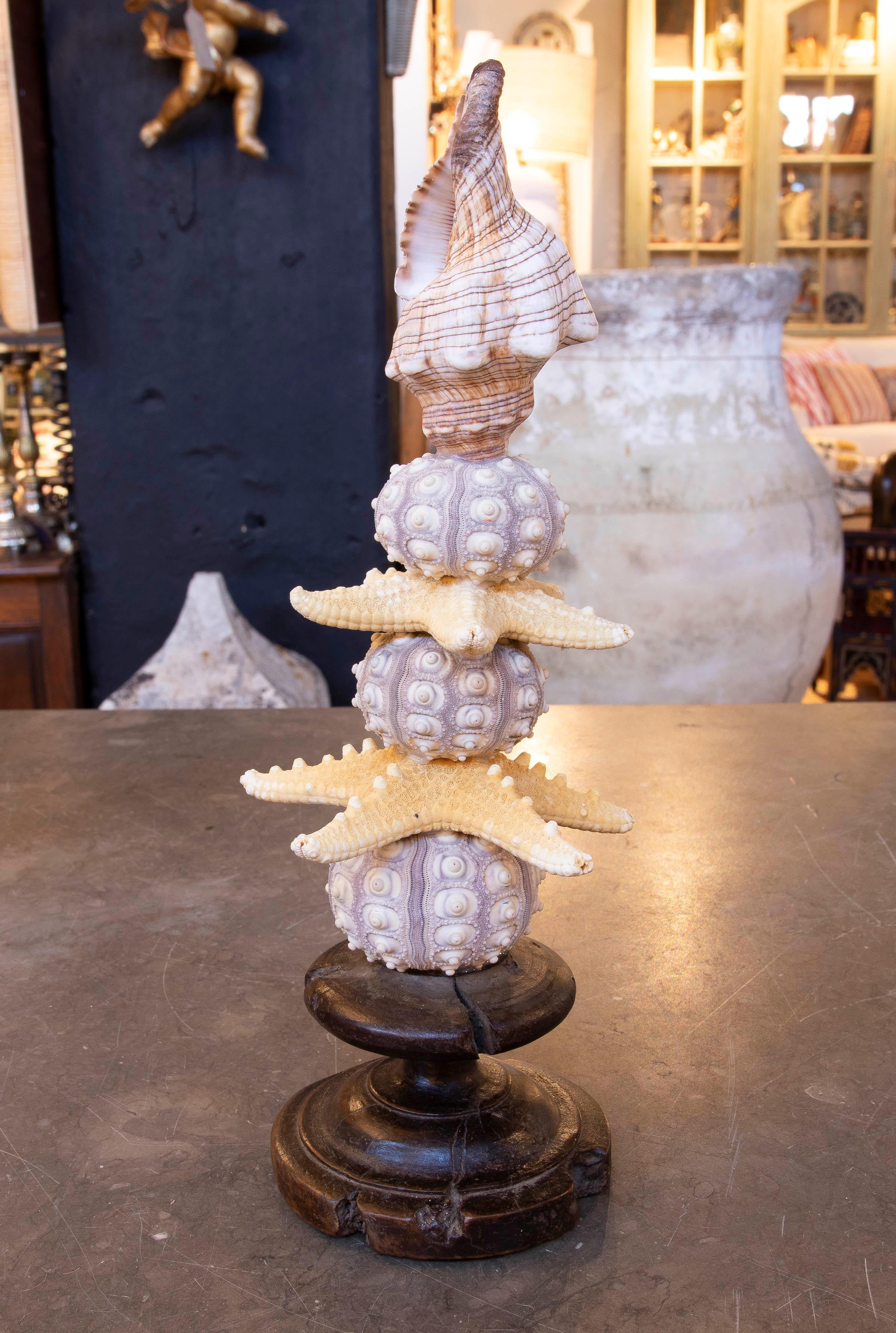 Spanish Sculpture with Seashell Assemblage and Antique brass Base For Sale