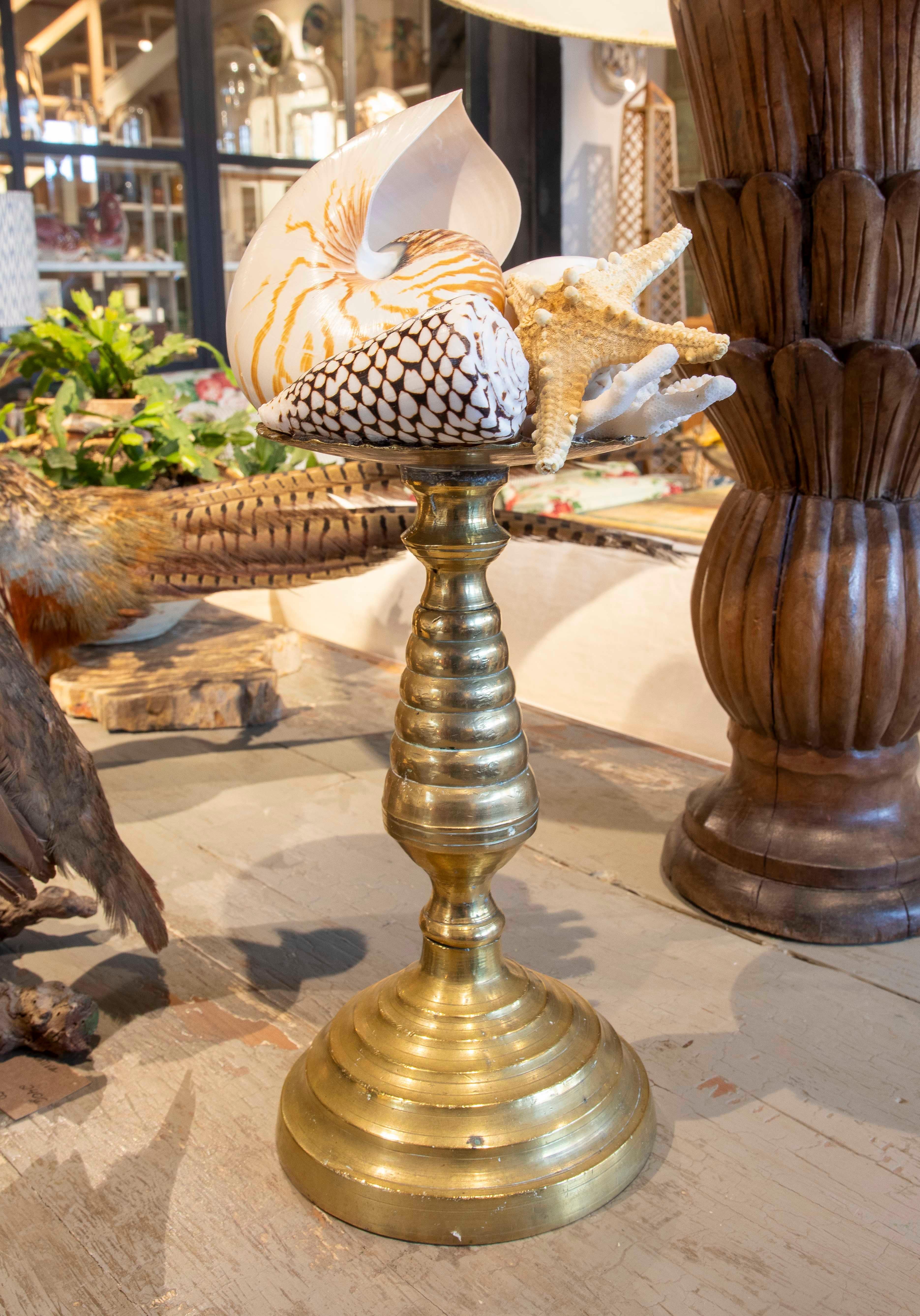 Spanish Sculpture with Seashell Assemblage and Antique Candelabrum Base For Sale