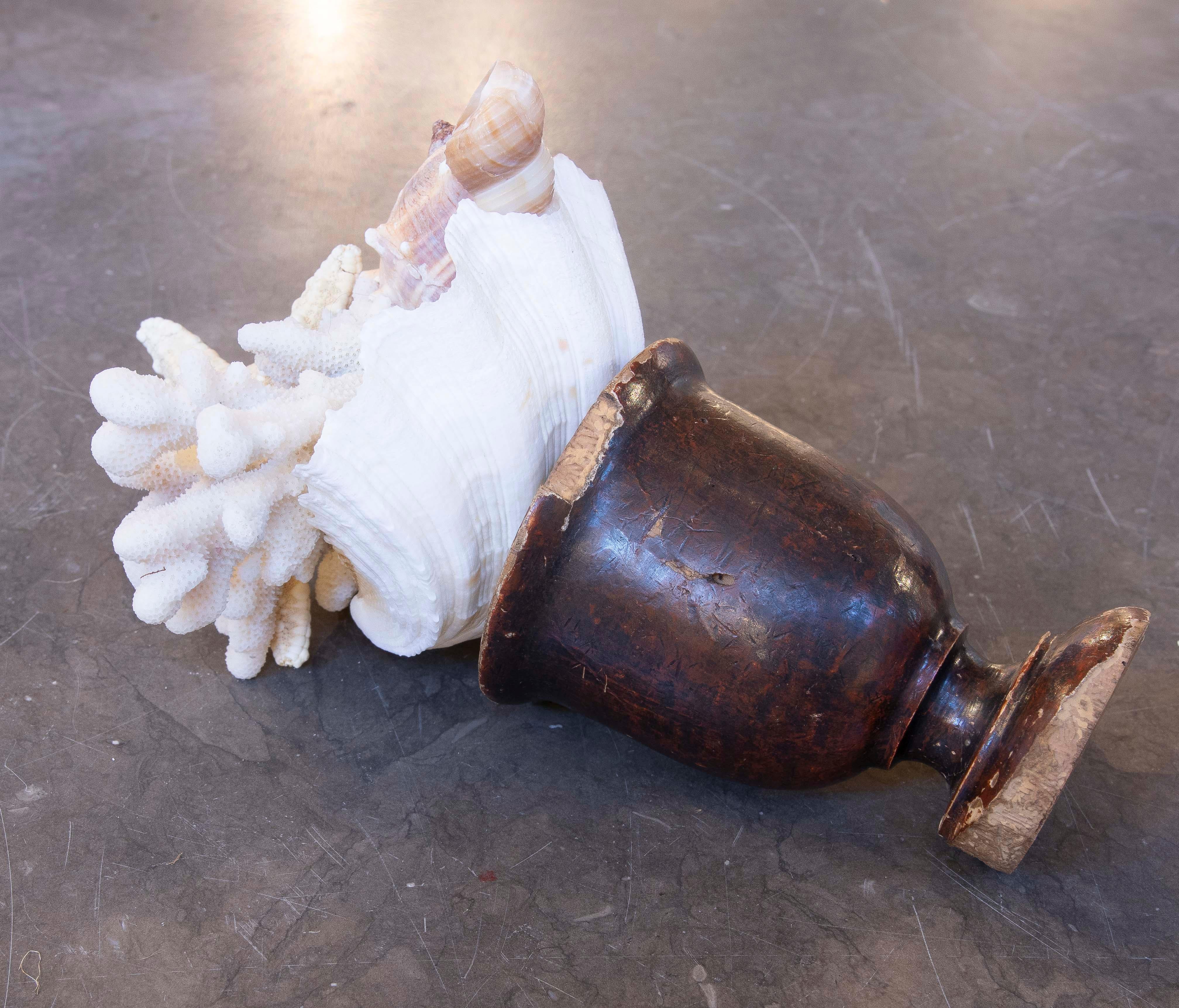 Scultura con assemblaggio di conchiglie e base in legno antico in vendita 7