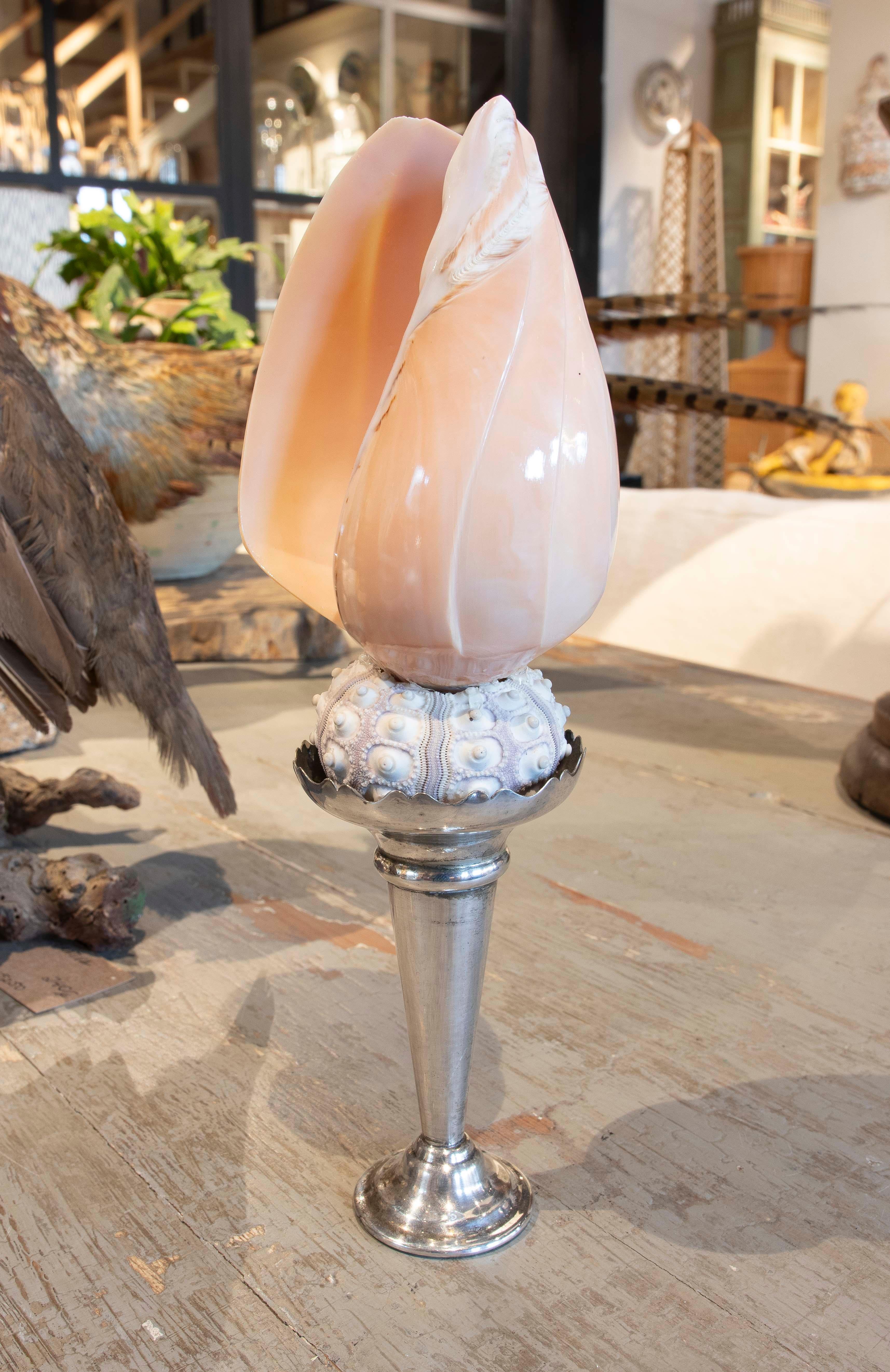 Spanish Sculpture with Seashell Assembly and Antique Silver Base For Sale