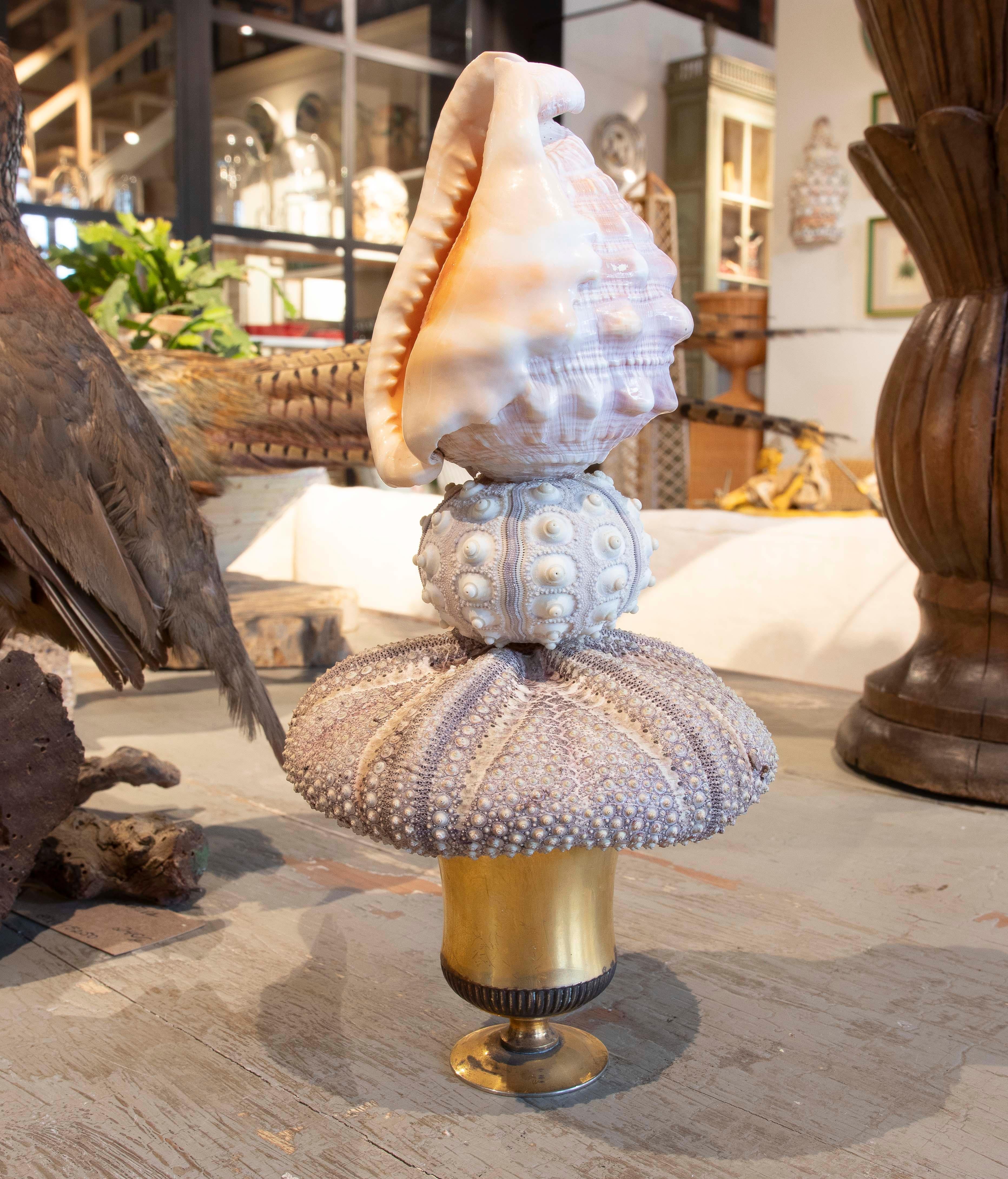 Spanish Sculpture with Seashell Assembly and Base of Antique Classical Golden Cup For Sale